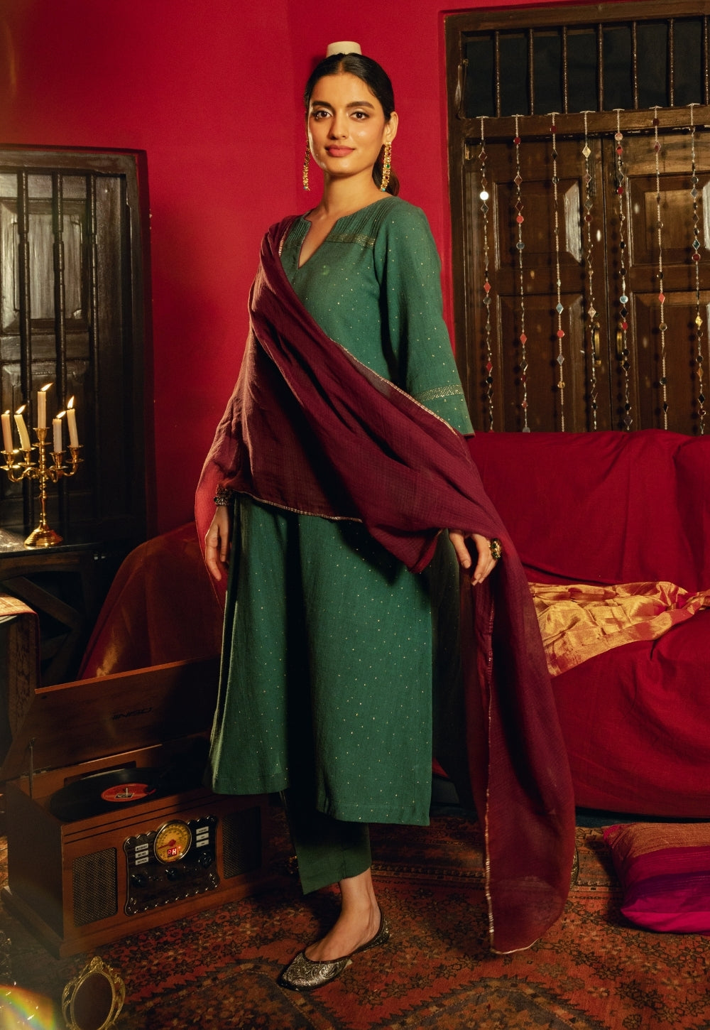 Ishira Green Rogan Handblock Printed Cotton Flex Suit Set (Set of 3)