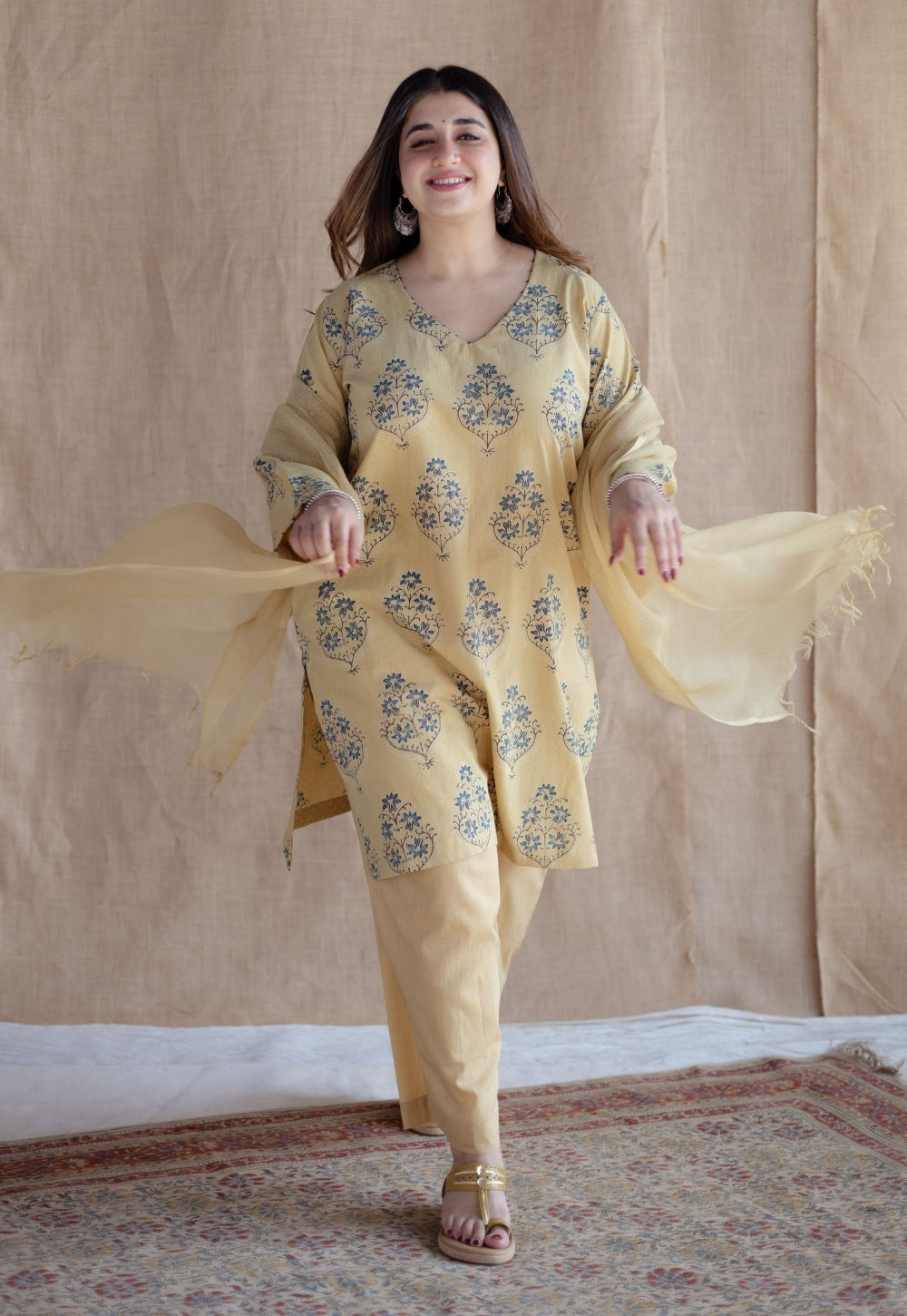 Kavya Yellow Ajrakh Cotton Straight Suit Set (Set of 3)