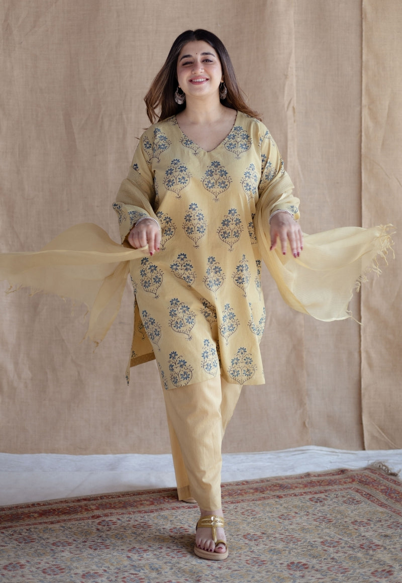 Kavya Yellow Ajrakh Cotton Straight Suit Set (Set of 3) – THE INDIAN ...
