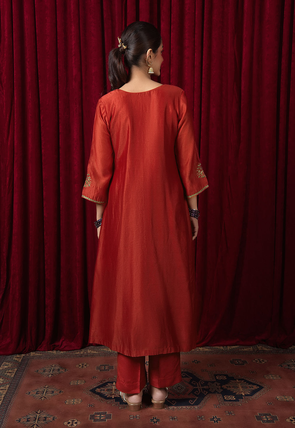 Amita Red Solid Chanderi Silk A Line kurta with Hand Embroidery