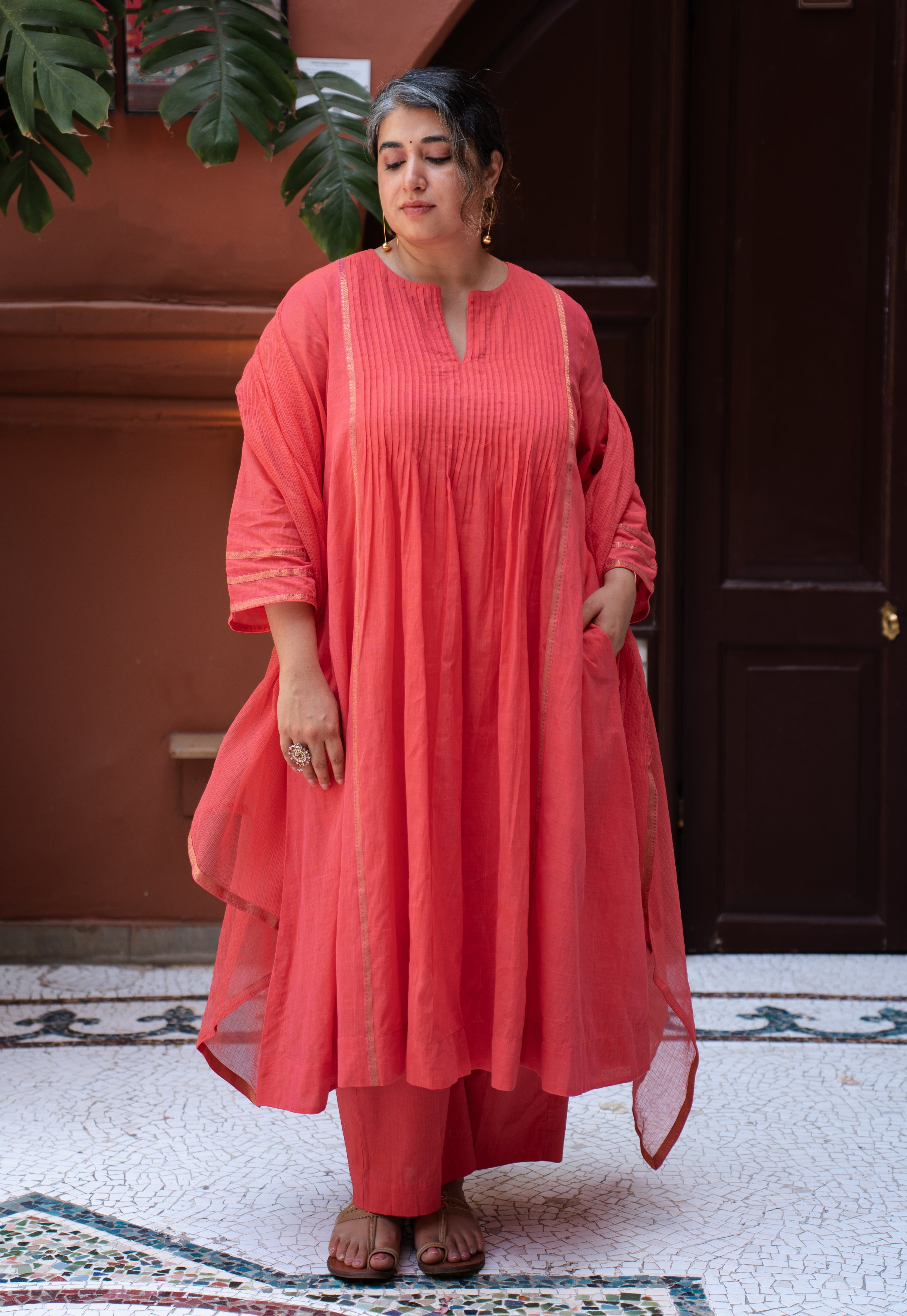 Scarlet Orange Solid Kota Doria Cotton Dupatta with Mangalgiri Border
