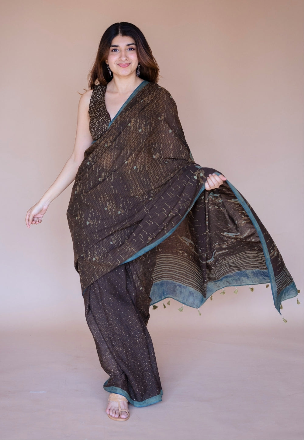 Brown Boat Ajrakh Hand Block Print Mul Saree