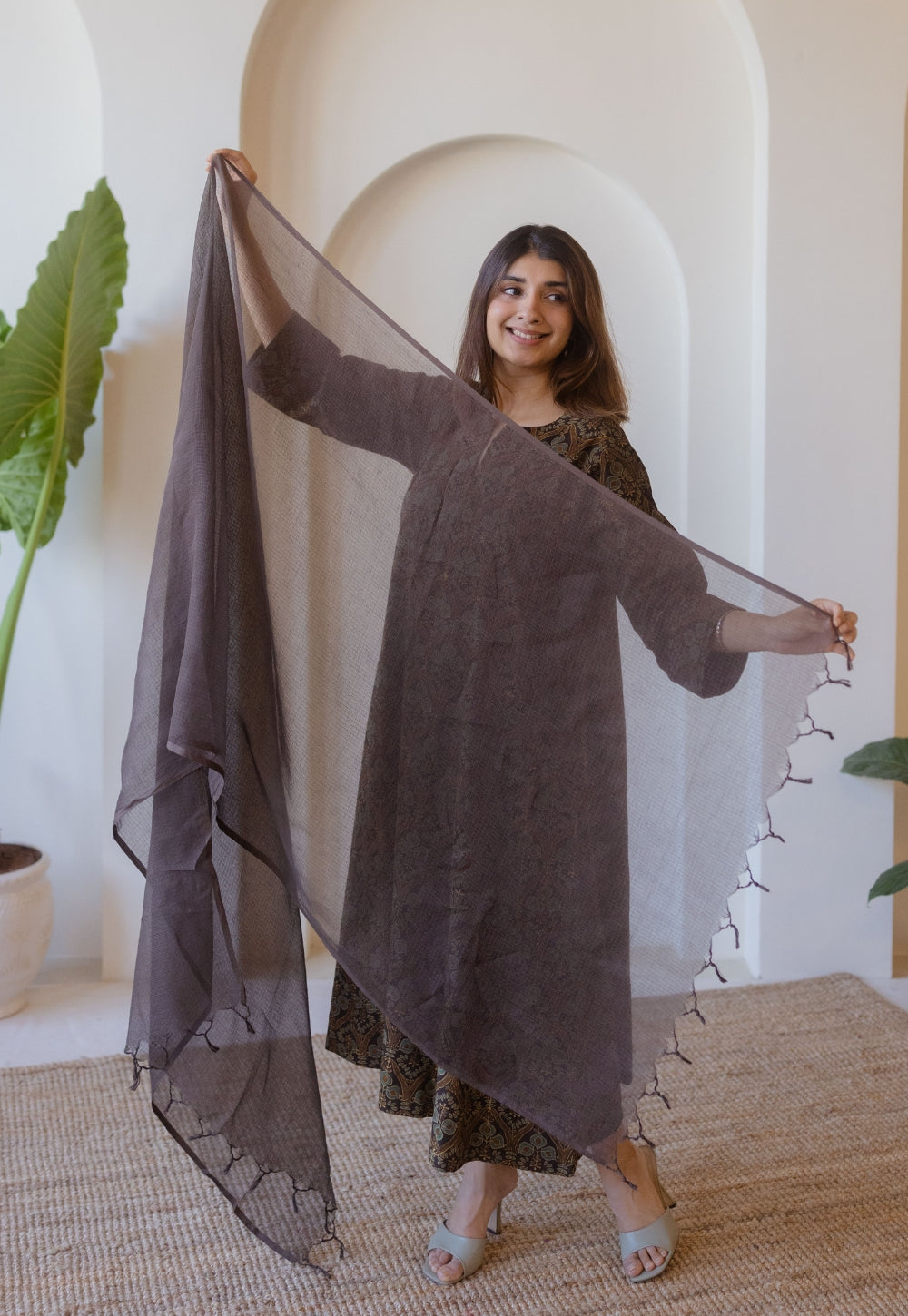 Brown Solid Kota Doria Cotton Dupatta