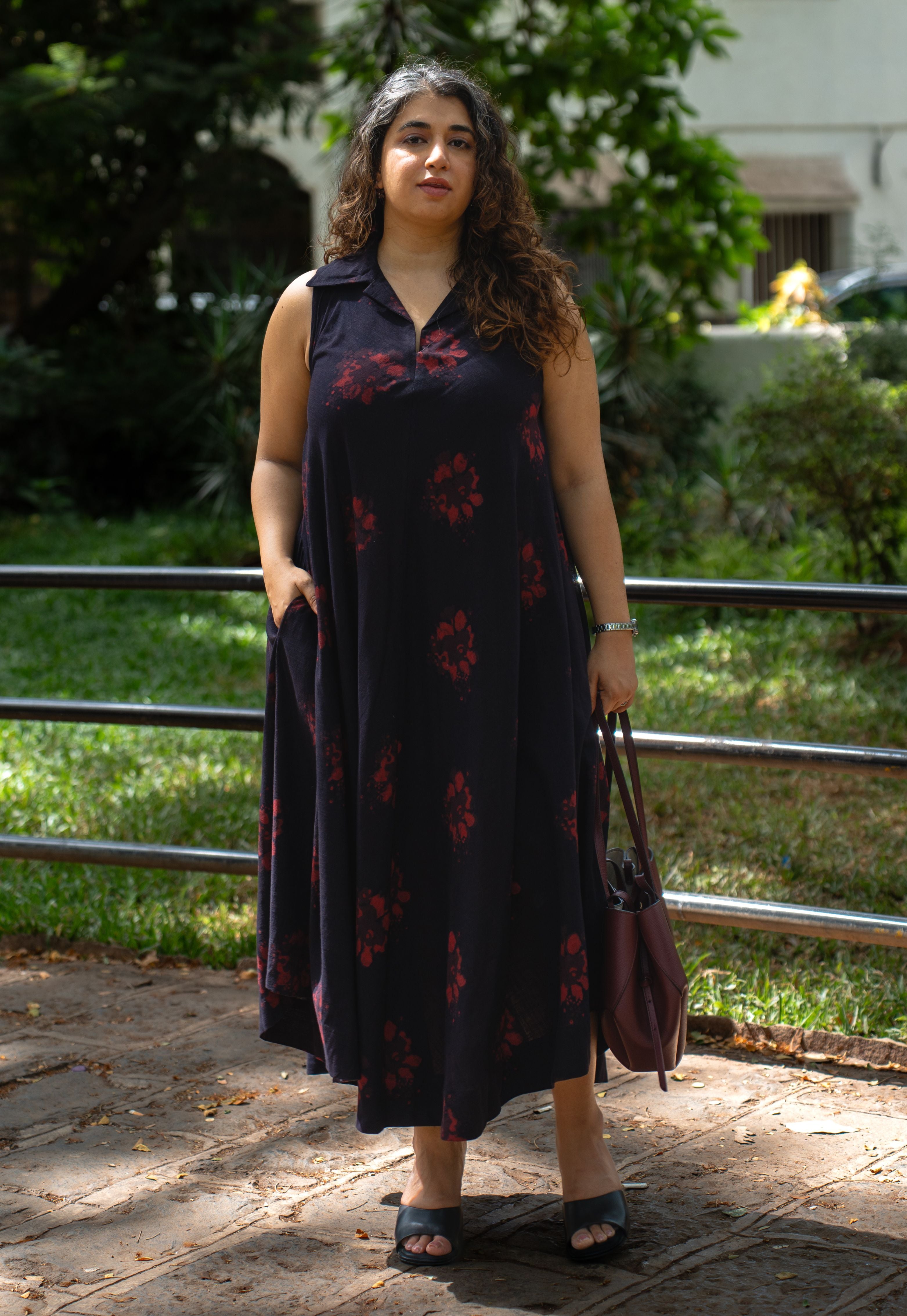 Arya Black Dabu Slub Cotton A Line Dress