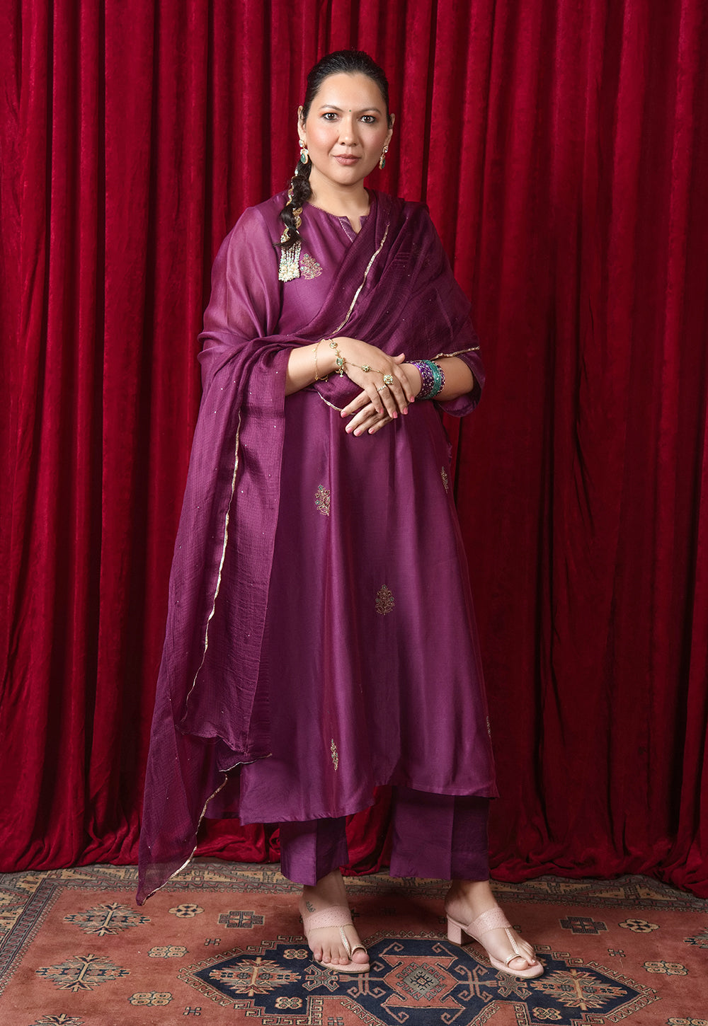 Tarani Purple Solid Chanderi Silk A Line Kurta with Hand Embroidery