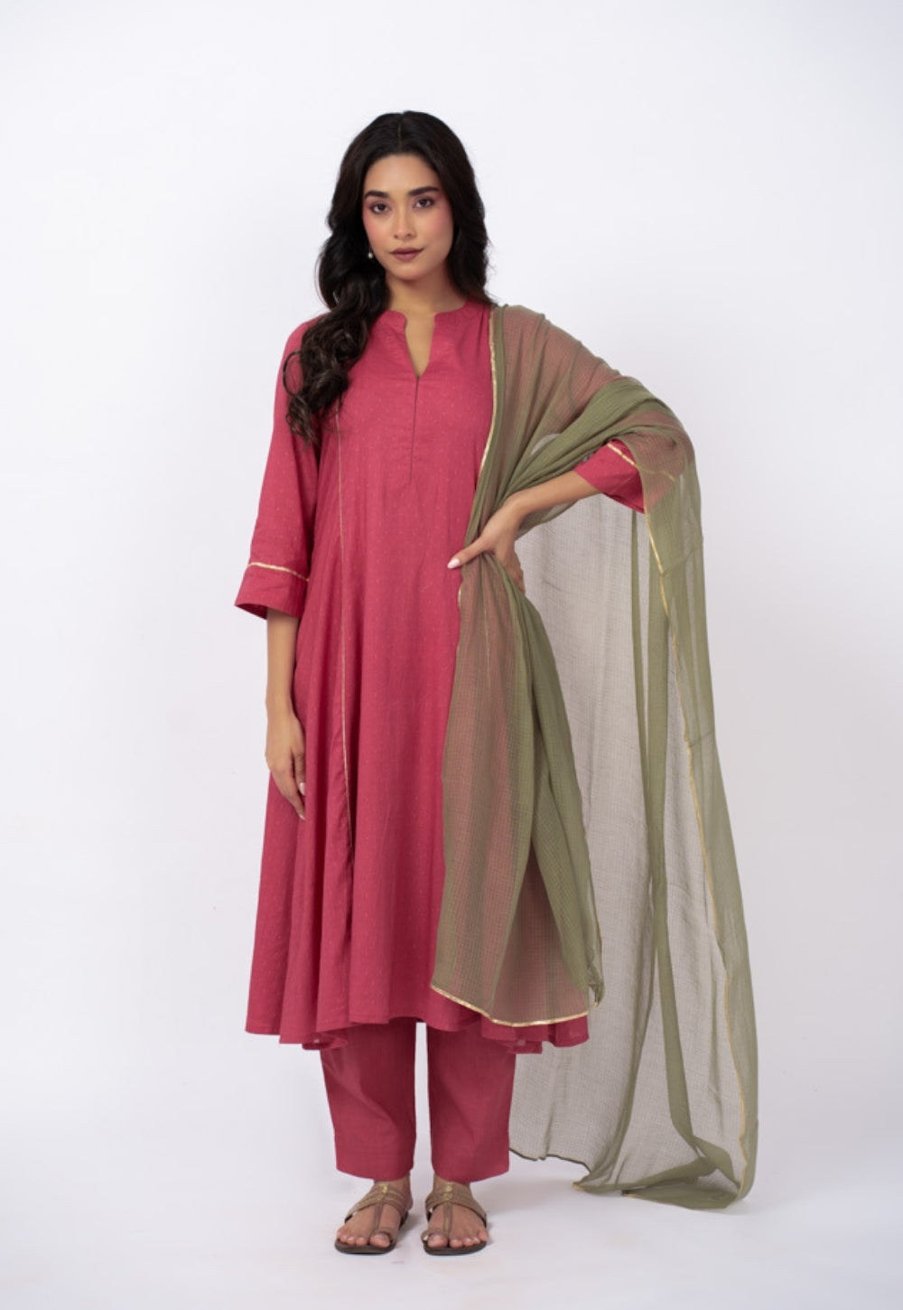 Huma Pink Solid Cotton Kali Kurta Suit Set with Solid Dupatta (Set of 3)