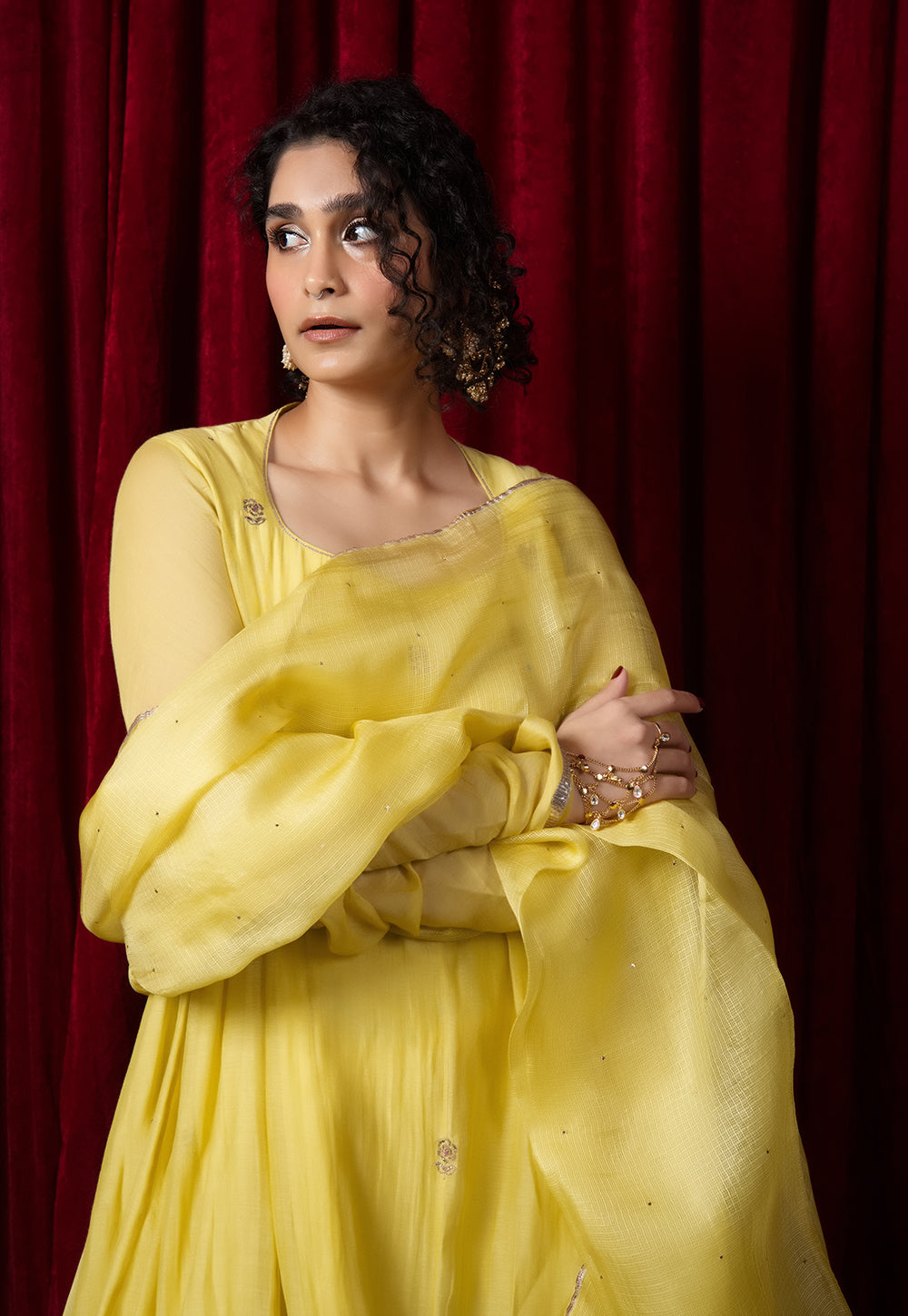 Yellow Solid Kota Doria Silk Dupatta with Mukaish Embroidery