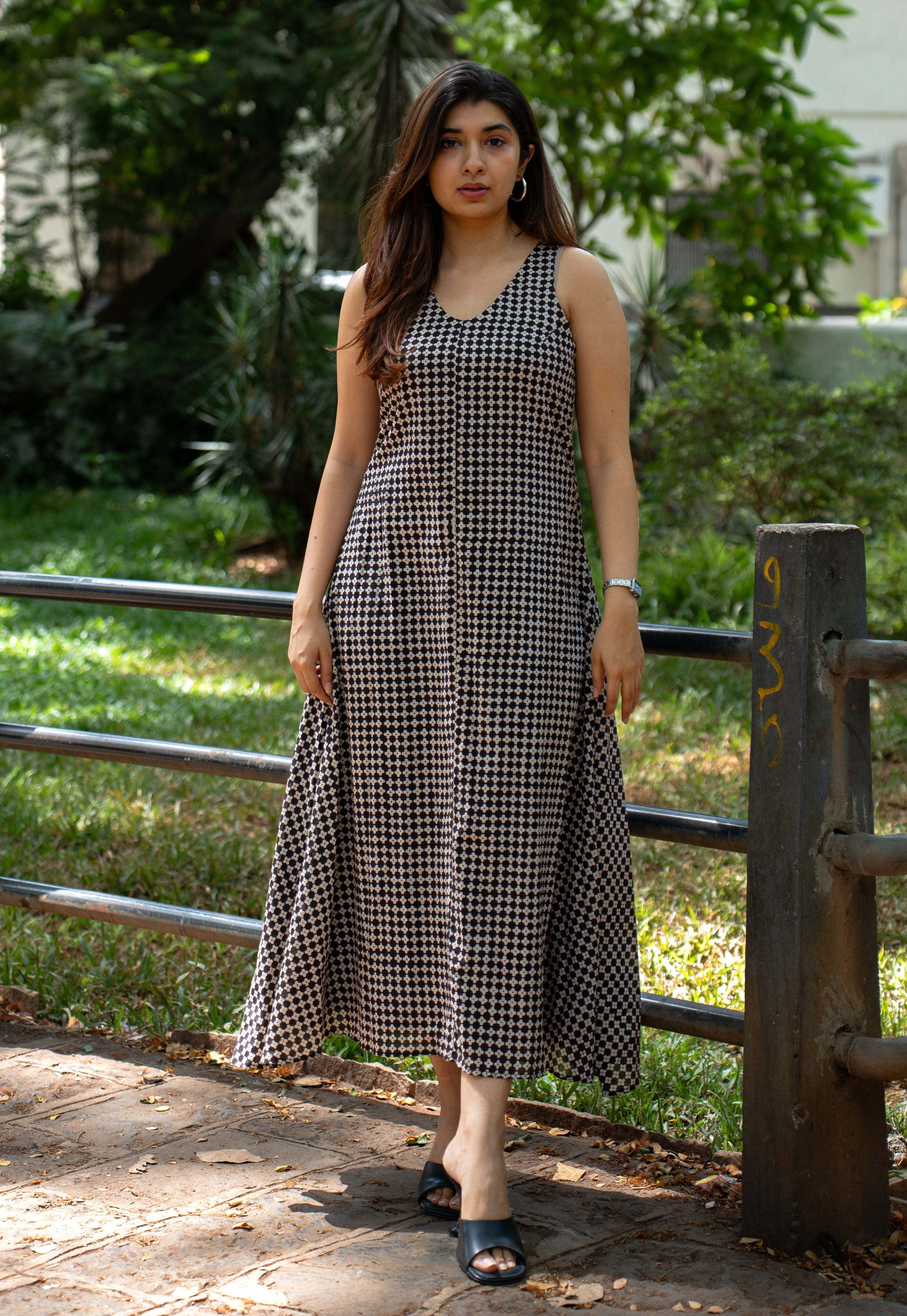 Mizoya Black Bagru Cotton A Line Dress