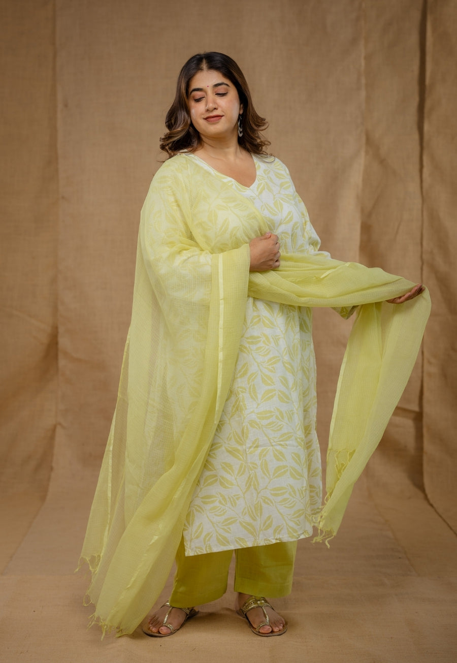 Aarushi Green Hand Block Print Slub Cotton Straight Kurta