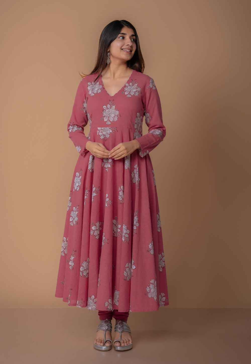 Ruvika Pink Dabu Slub Cotton A Line Kurta