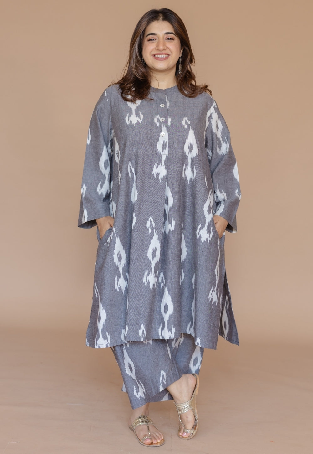 Ayaat Grey Handloom Ikkat Cotton Straight Co-Ord Set