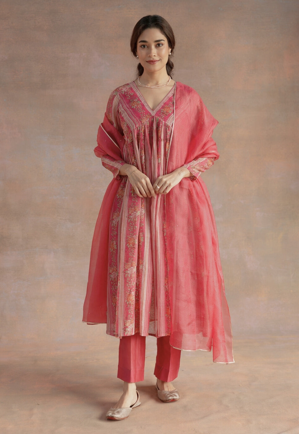 Rooz Pink Sanganeri Chanderi Silk A Line Kurta with Lace Detailing