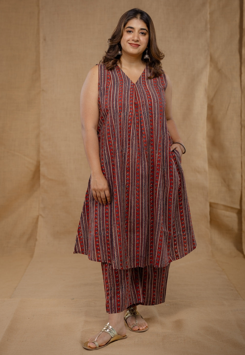 Raahi Red Ajrakh Cotton A Line Co-Ord Set