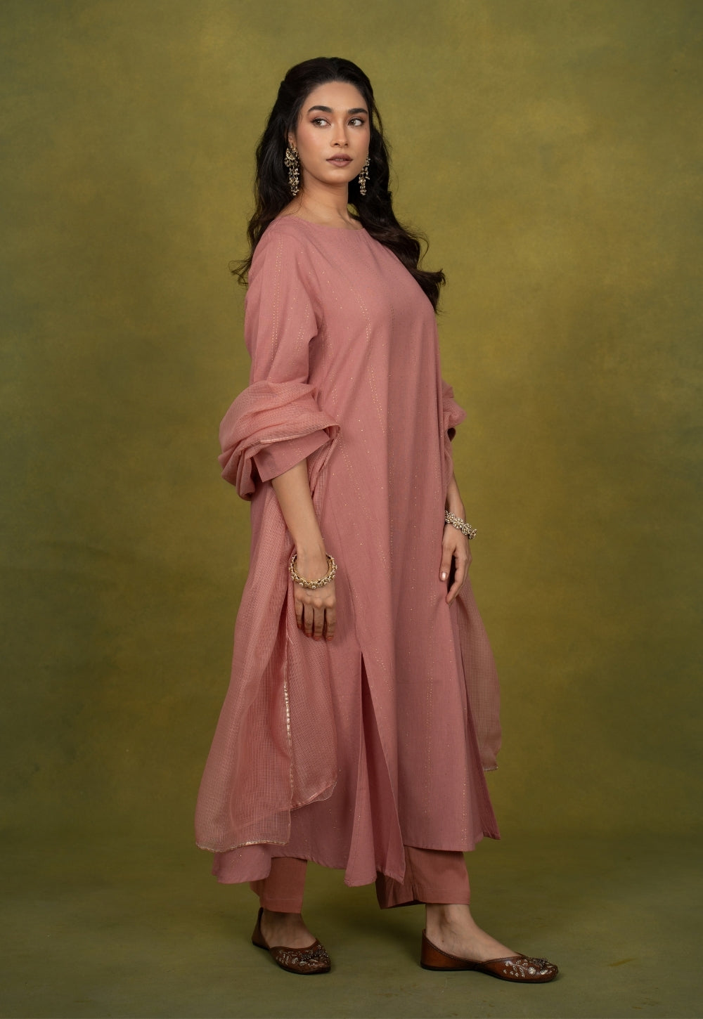 Eram Pink Rogan Handblock Printed Cotton Kali Kurta Suit Set (Set of 3)