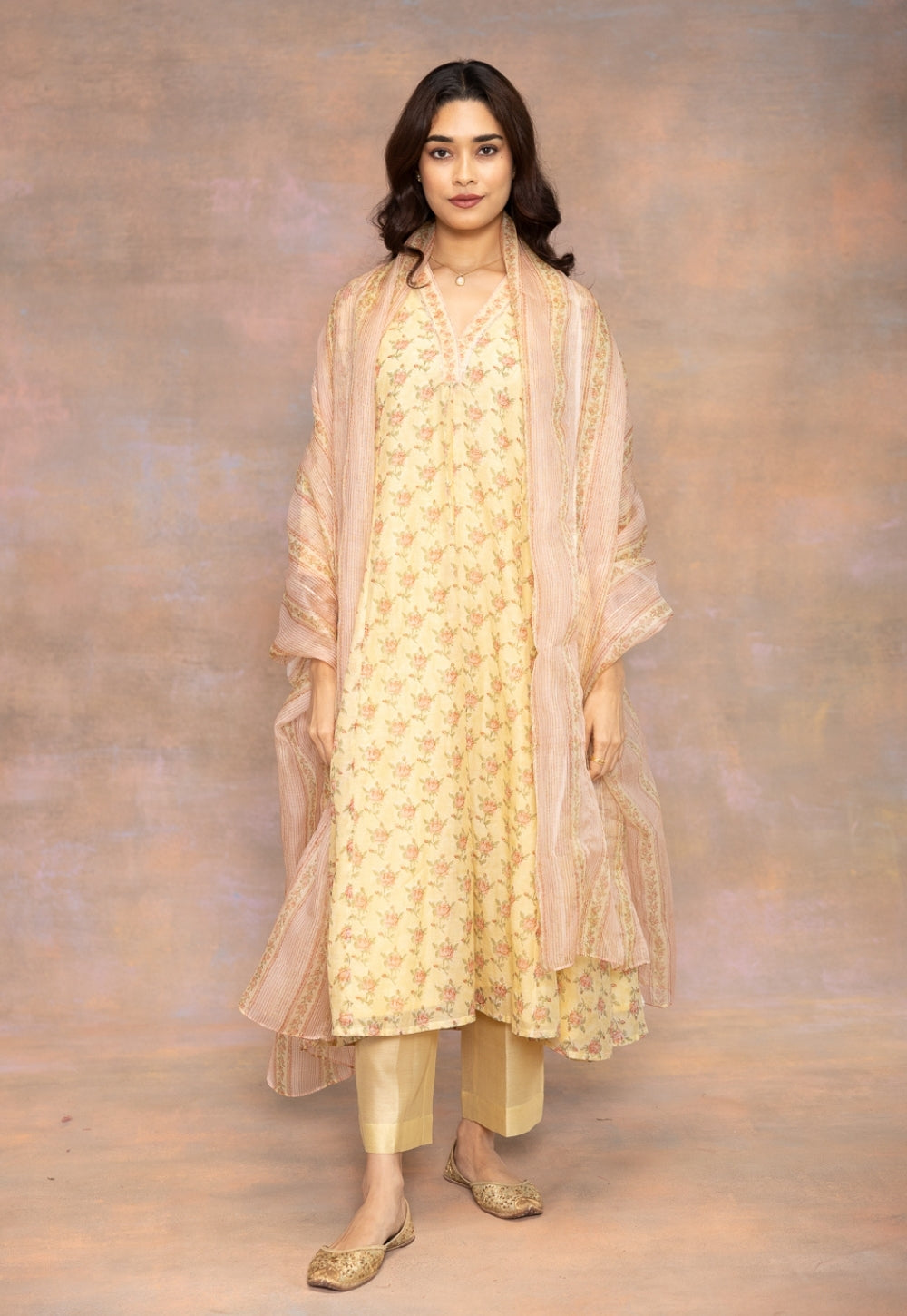 Rosette Peach Sanganeri Kota Doria Silk Dupatta