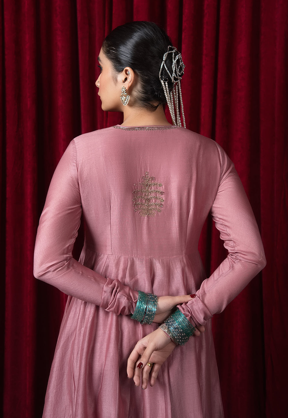 Husna Pink Solid Chanderi Silk Kali Kurta with Hand Embroidery