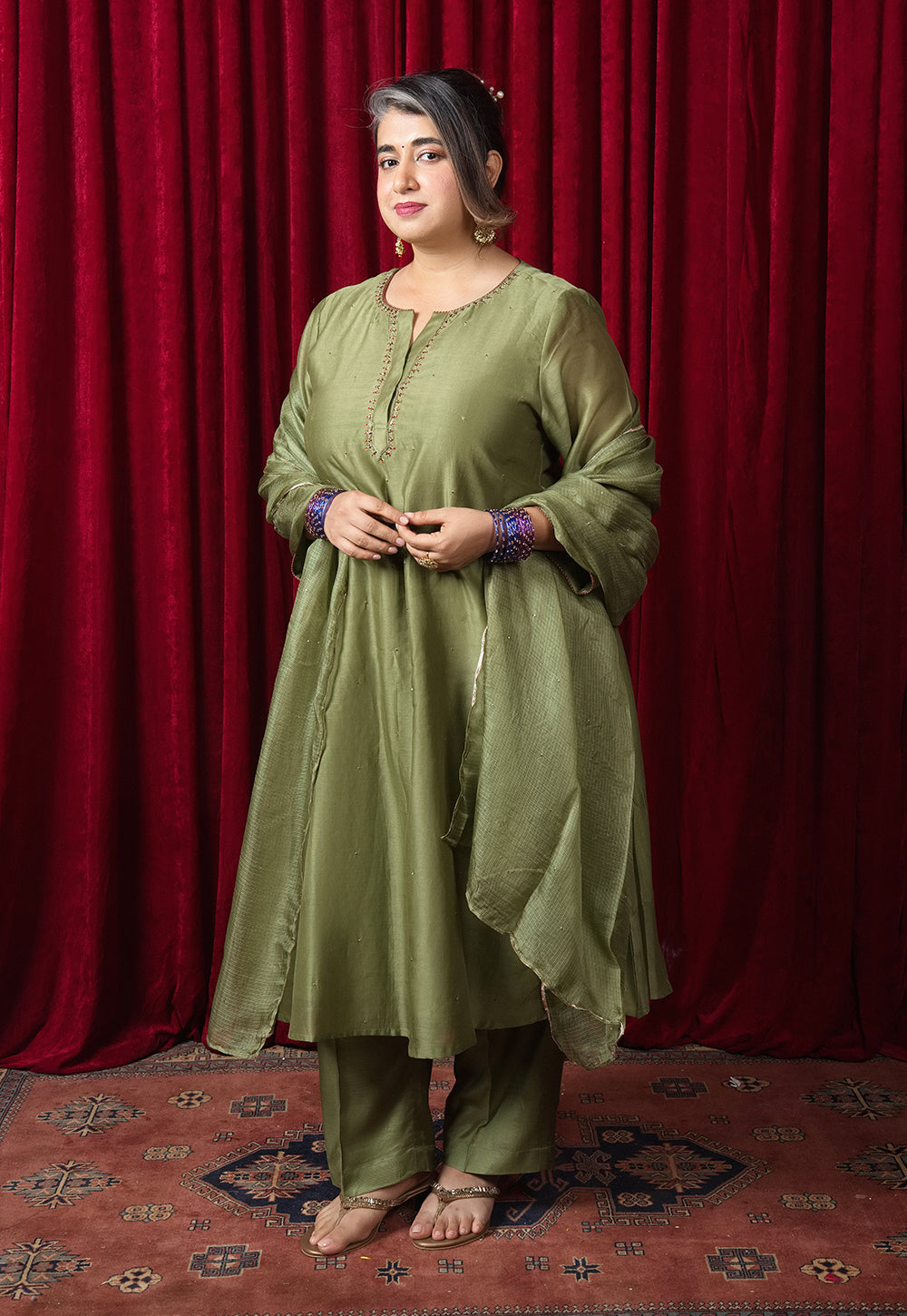Reva Green Solid Chanderi Silk A Line Kurta with Hand Embroidery