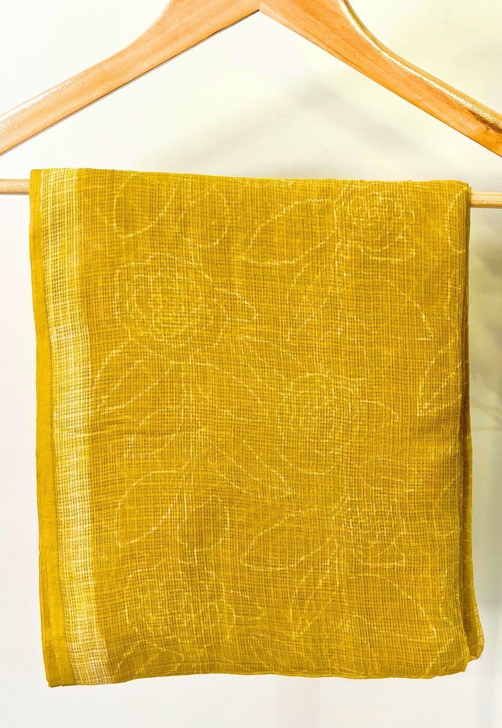 Yellow Floral Hand Block Print Kota Doria Cotton Dupatta