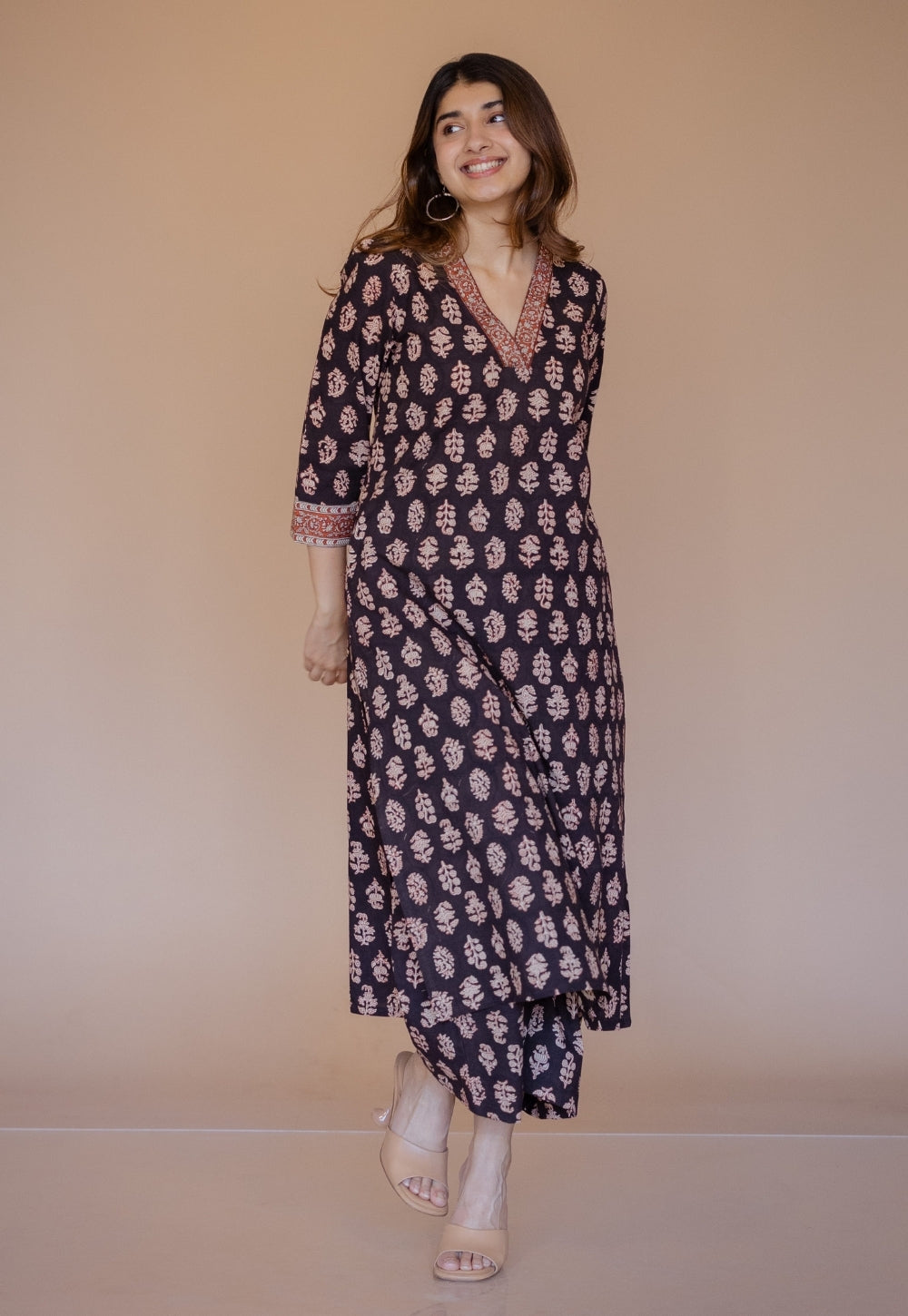 Shanza Black Bagru Cotton Straight Kurta with Embroidery
