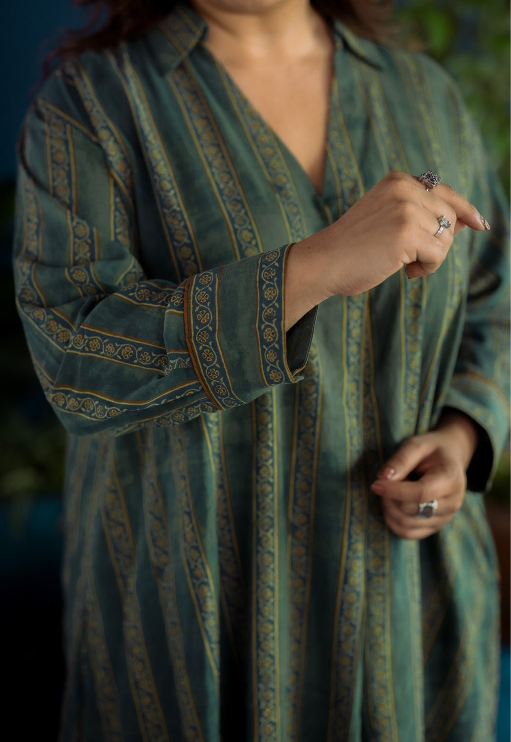 Tejshri Green Ajrakh Cotton A Line Kurta