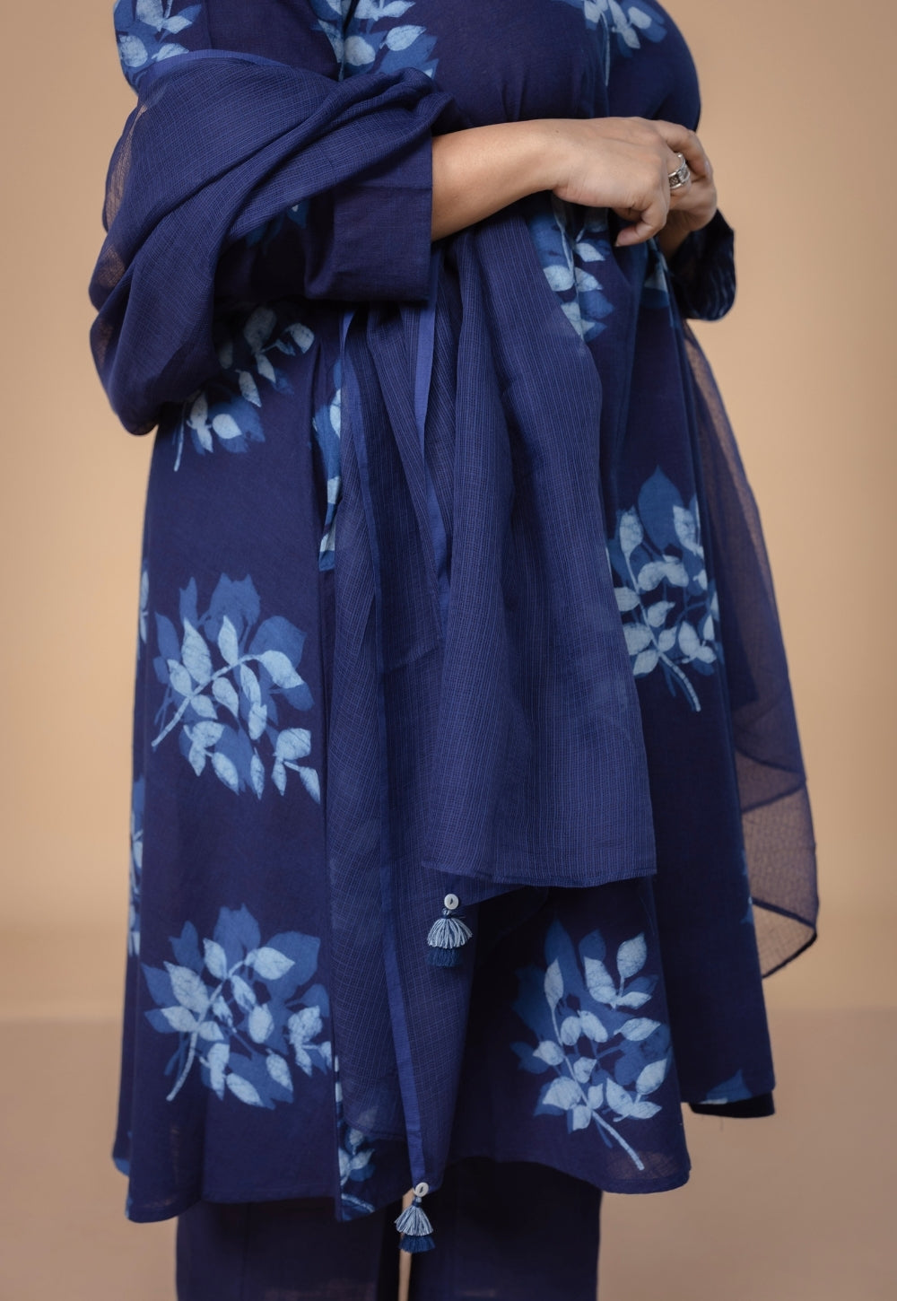 Blue Solid Kota Doria Dupatta with Tassels