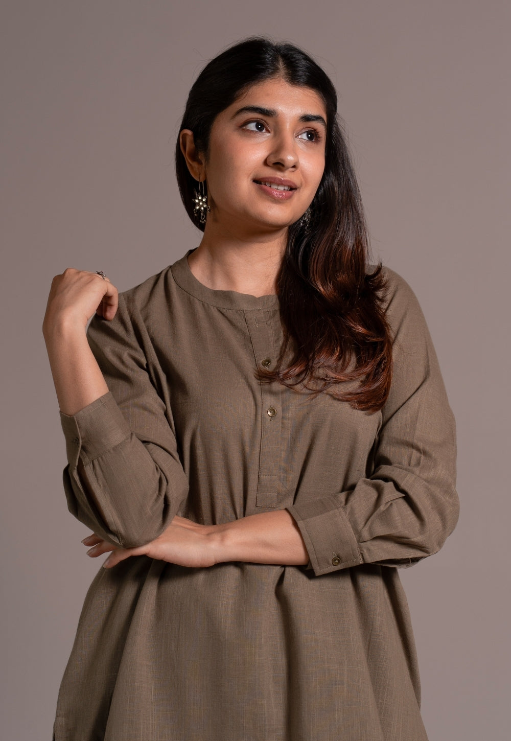 Khaki Grey Solid Slub Cotton Straight Kurta - DyeVerse