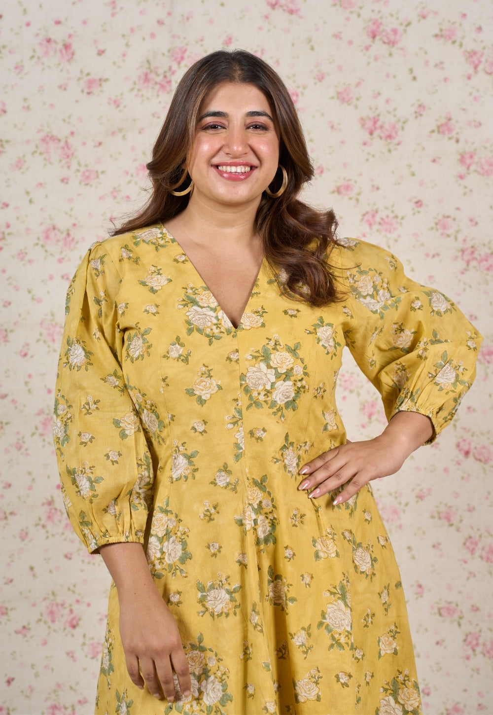 Hazel Yellow Sanganeri Mul Cotton A Line Dress