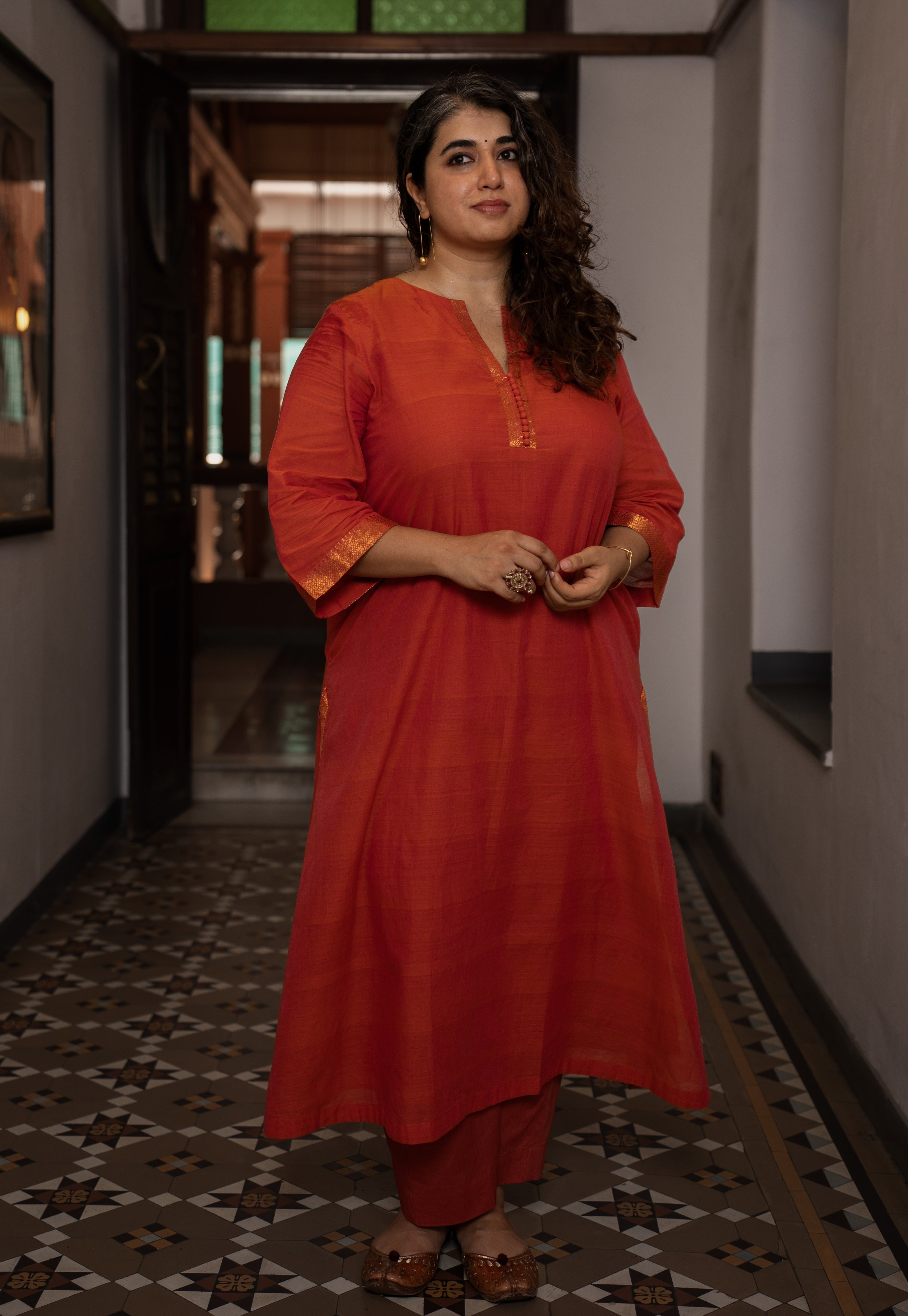 Mishka Orange Mangalgiri Cotton A Line Kurta with Nizam Border