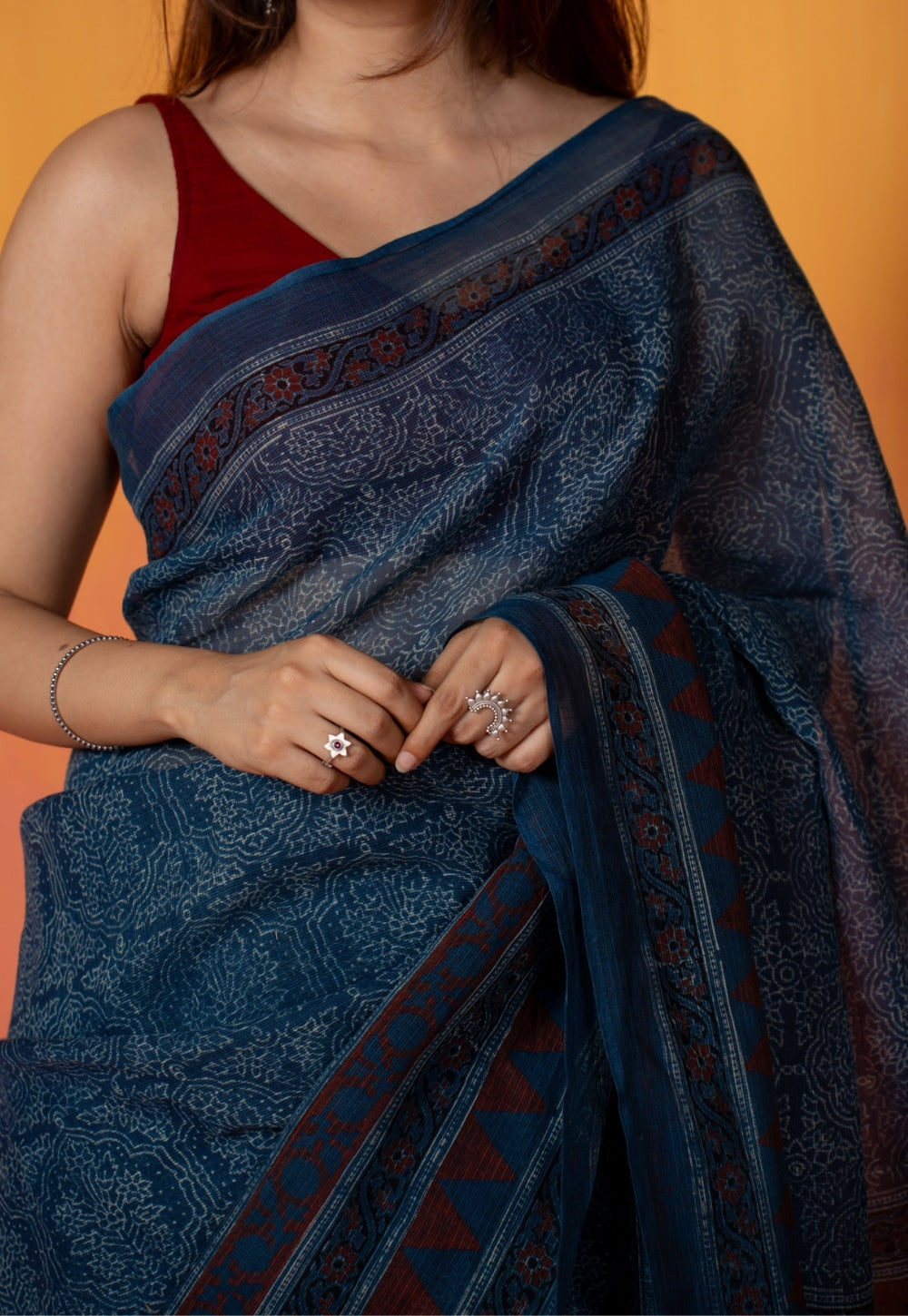 Blue Traditional Ajrakh Hand Block Print Kota Doria Cotton Saree