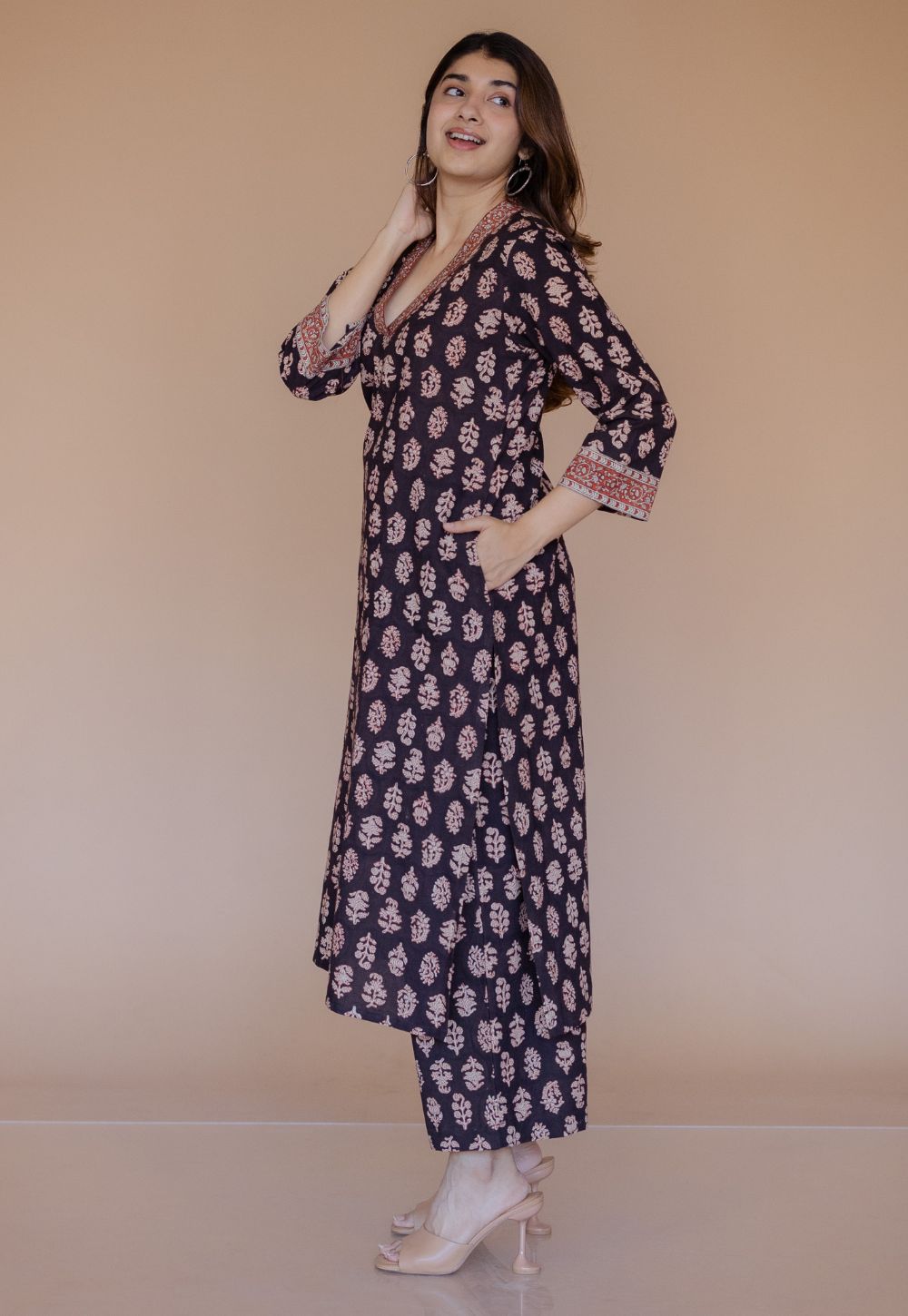 Shanza Black Bagru Cotton Straight Co-Ord Set with Embroidery