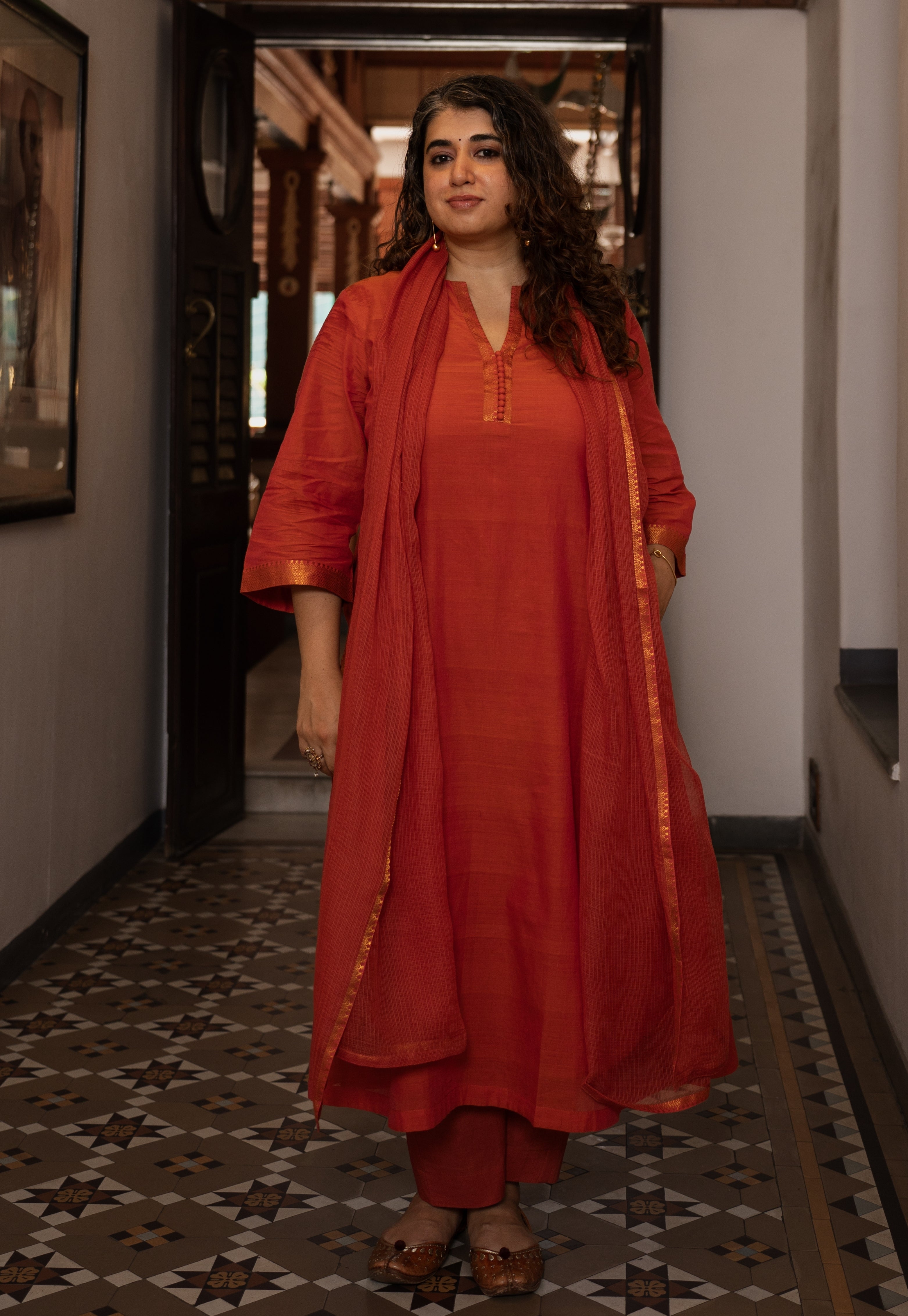 Orange Solid Kota Doria Cotton Dupatta with Mangalgiri Border