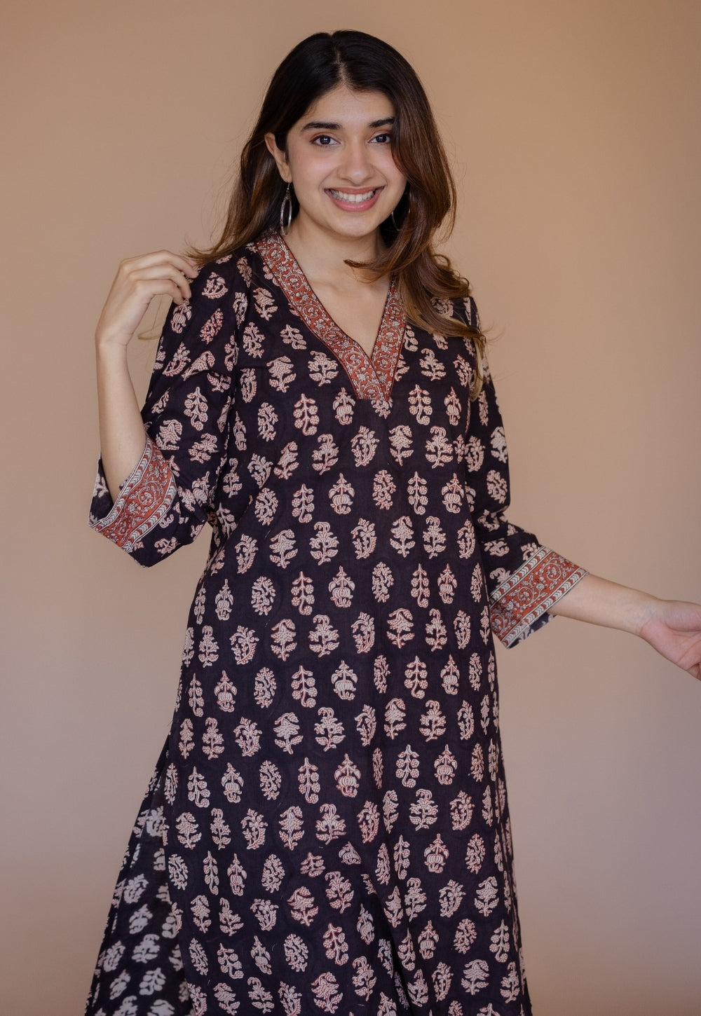 Shanza Black Bagru Cotton Straight Kurta with Embroidery