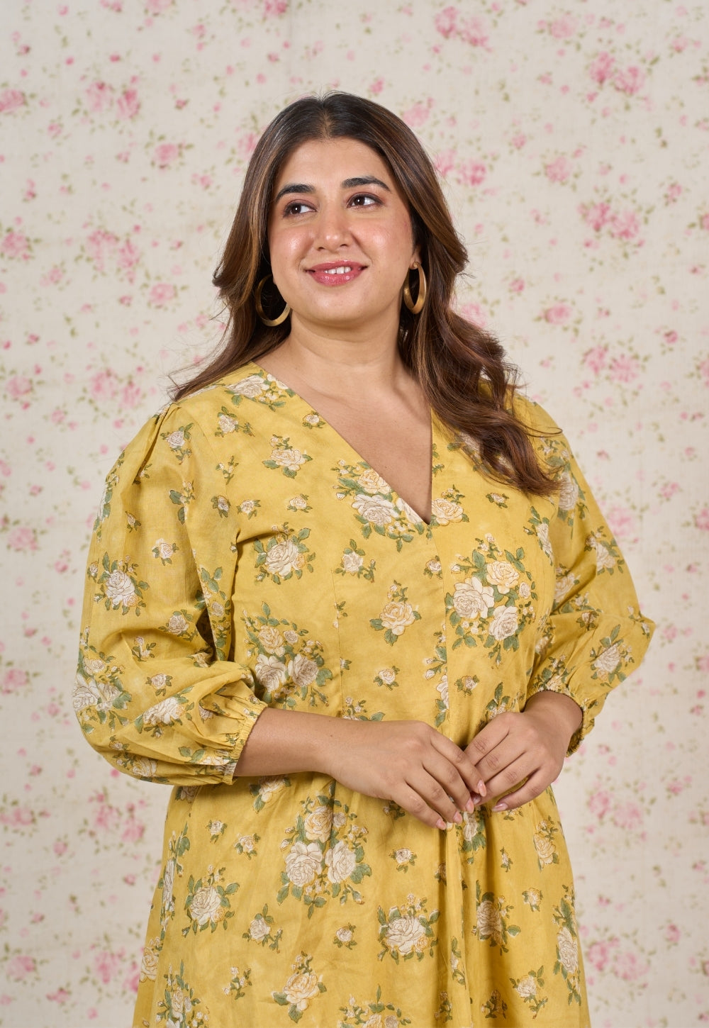 Hazel Yellow Sanganeri Mul Cotton A Line Dress