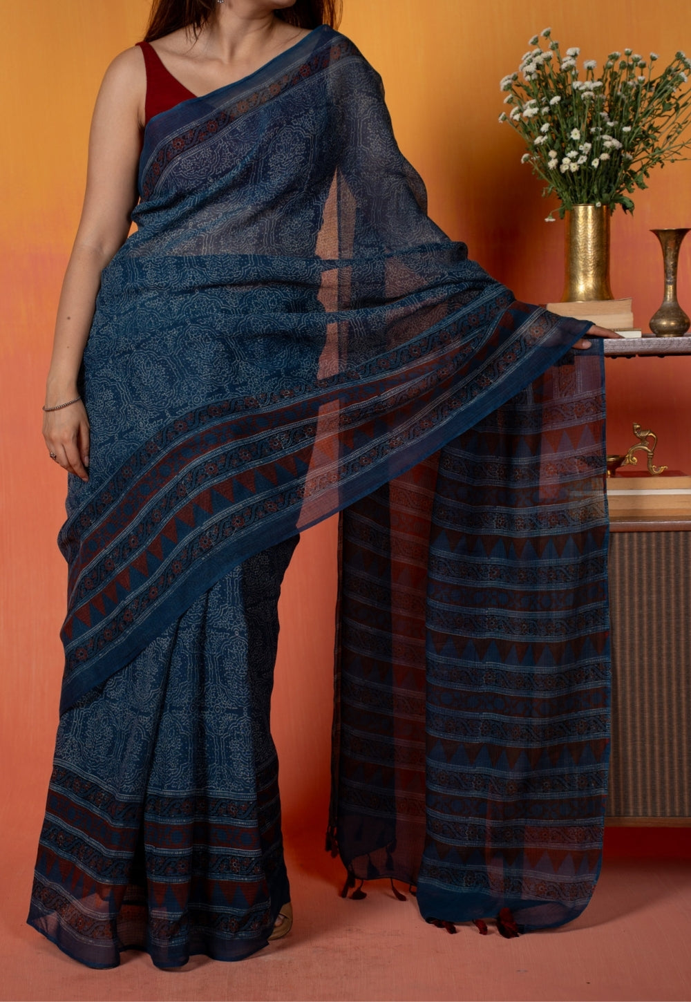 Blue Traditional Ajrakh Hand Block Print Kota Doria Cotton Saree