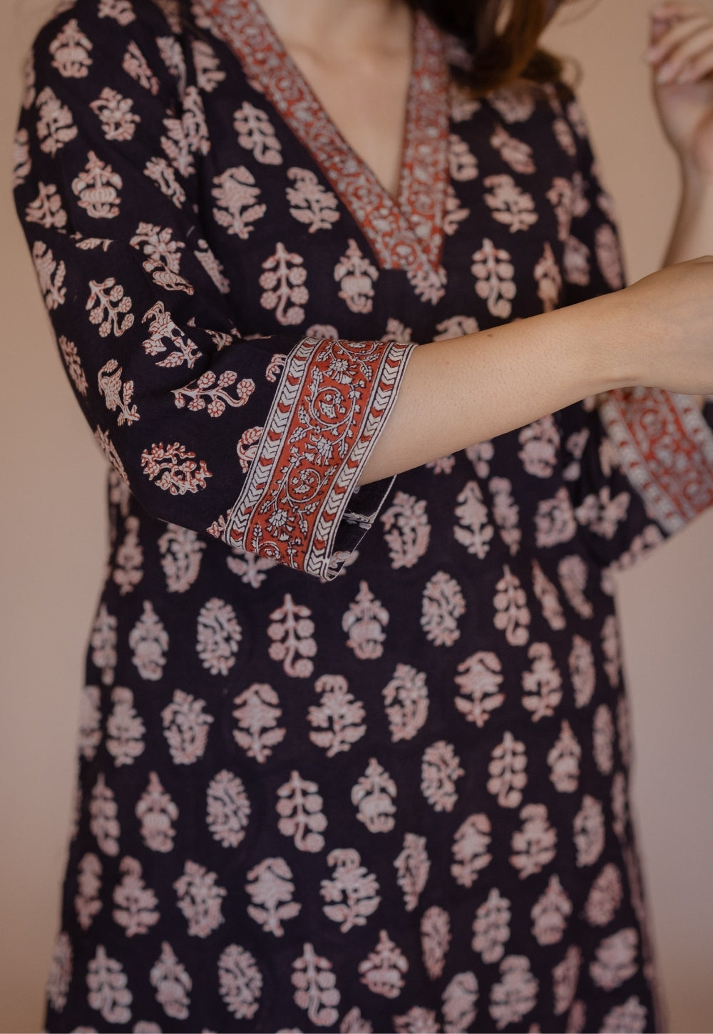 Shanza Black Bagru Cotton Straight Kurta with Embroidery