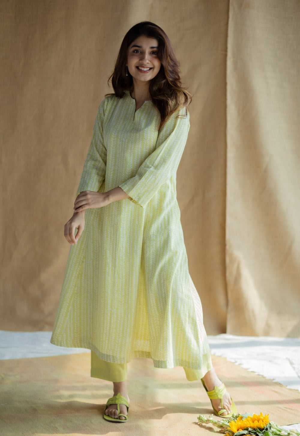 Malika Lime Green Hand Block Print Slub Cotton Kali Kurta with Hand Embroidery
