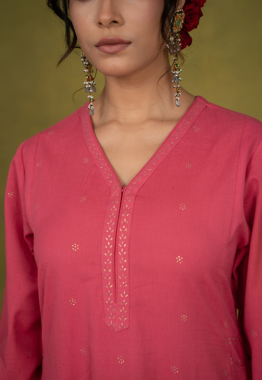 Sadia Pink Rogan Handblock Printed Cotton Kali Kurta Suit Set (Set of 3)