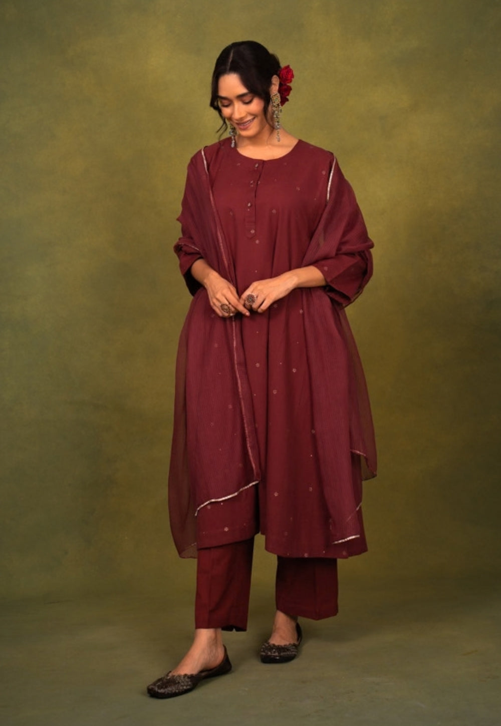 Alizah Maroon Rogan Handblock Printed Cotton Jhabbha Kali Suit Set (Set of 3)