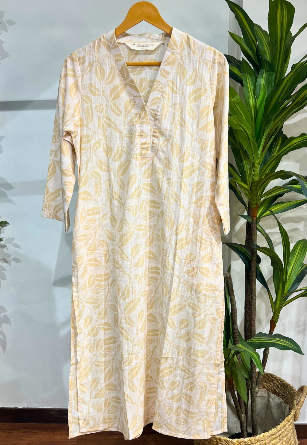 Avika Cream Hand Block Print Slub Cotton Straight Kurta