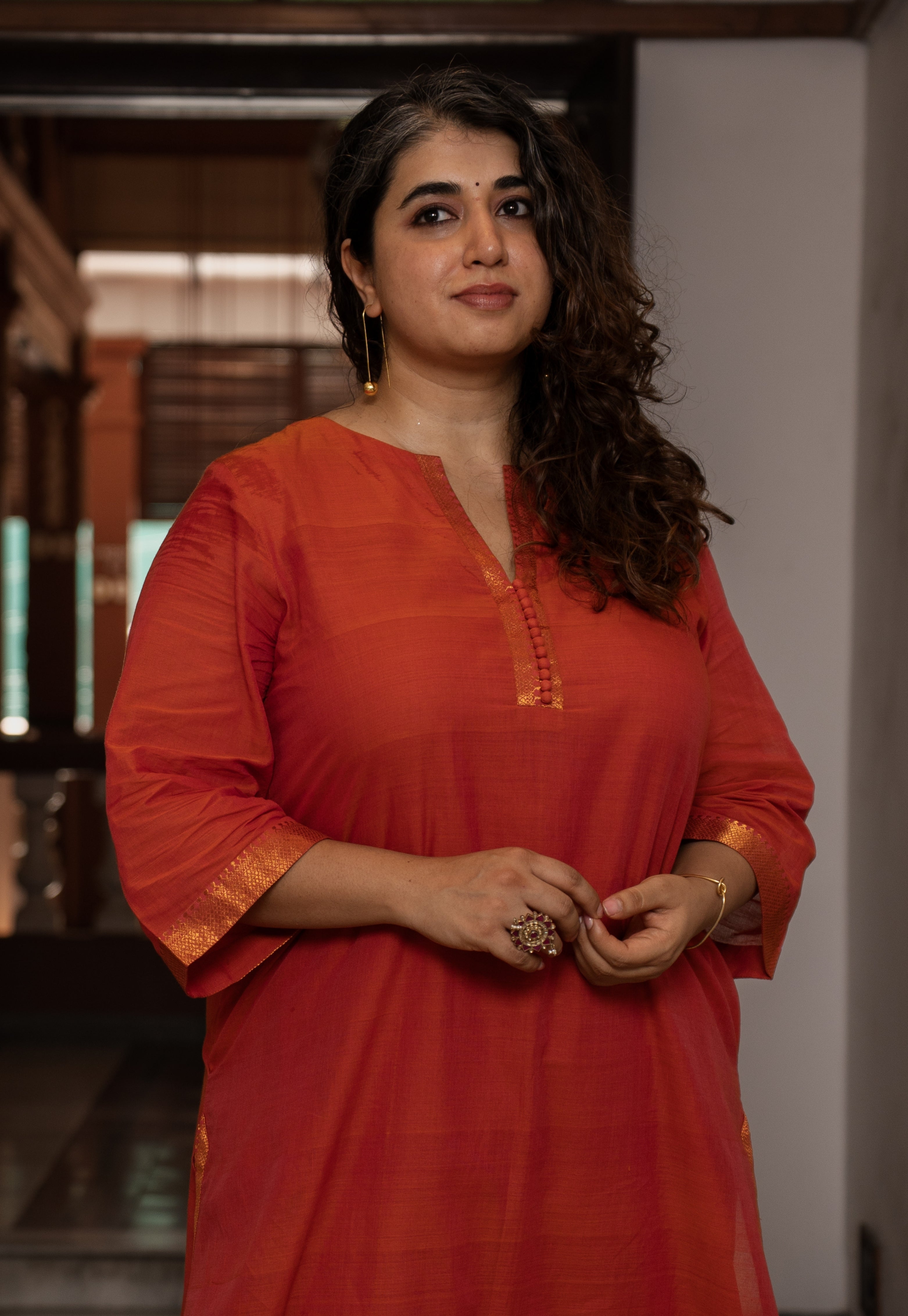 Mishka Orange Mangalgiri Cotton A Line Kurta with Nizam Border