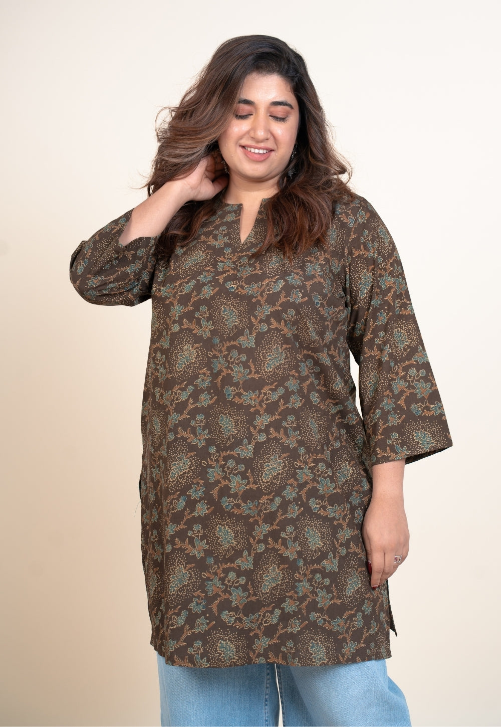 Anvi Brown Ajrakh Cotton Straight Short Top