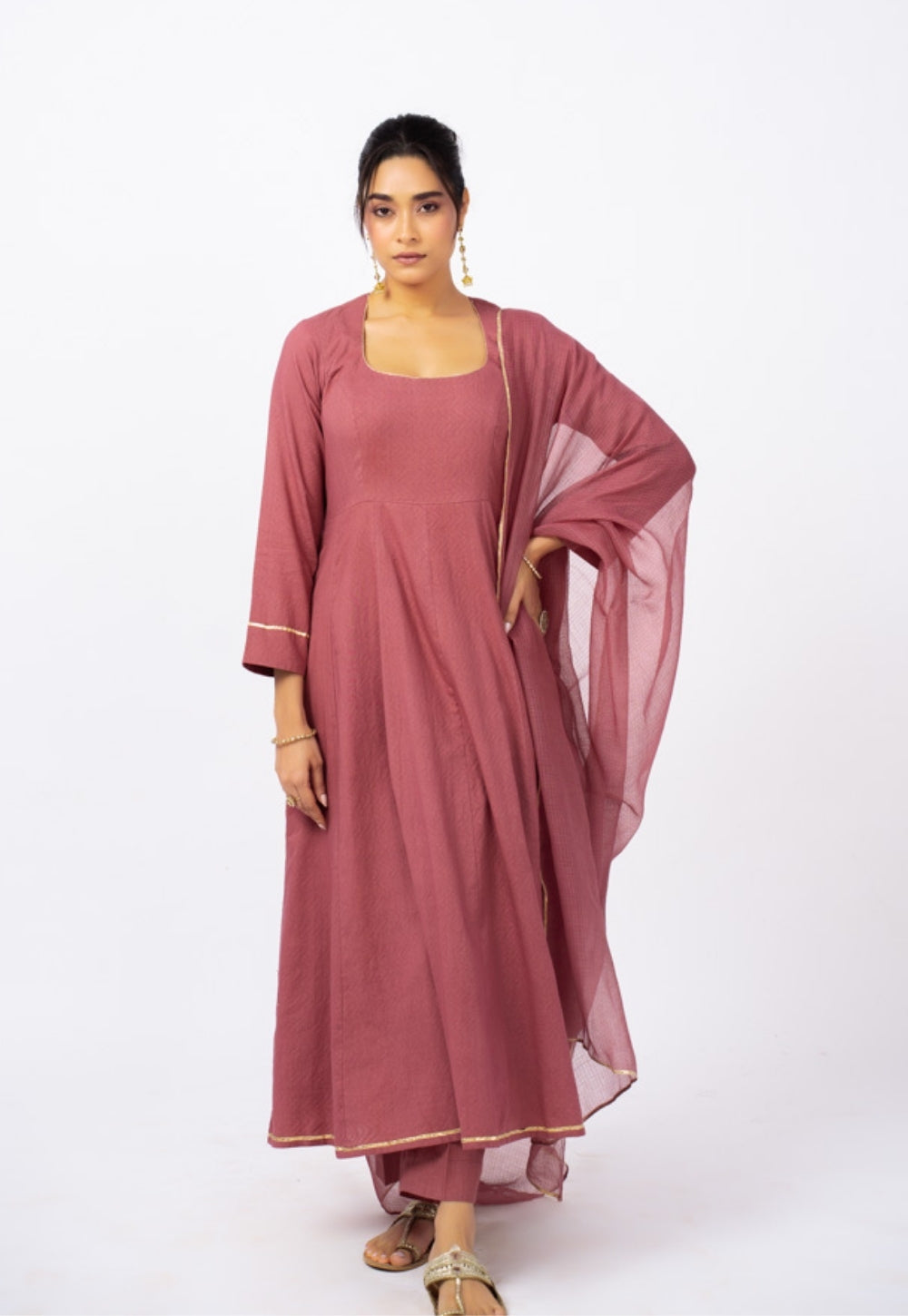 Kainat Pink Solid Cotton Kali Kurta Suit Set with Solid Dupatta (Set of 3)