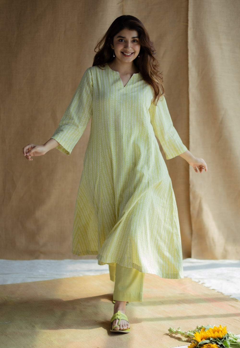 Malika Lime Green Hand Block Print Slub Cotton Kali Kurta with Hand Embroidery