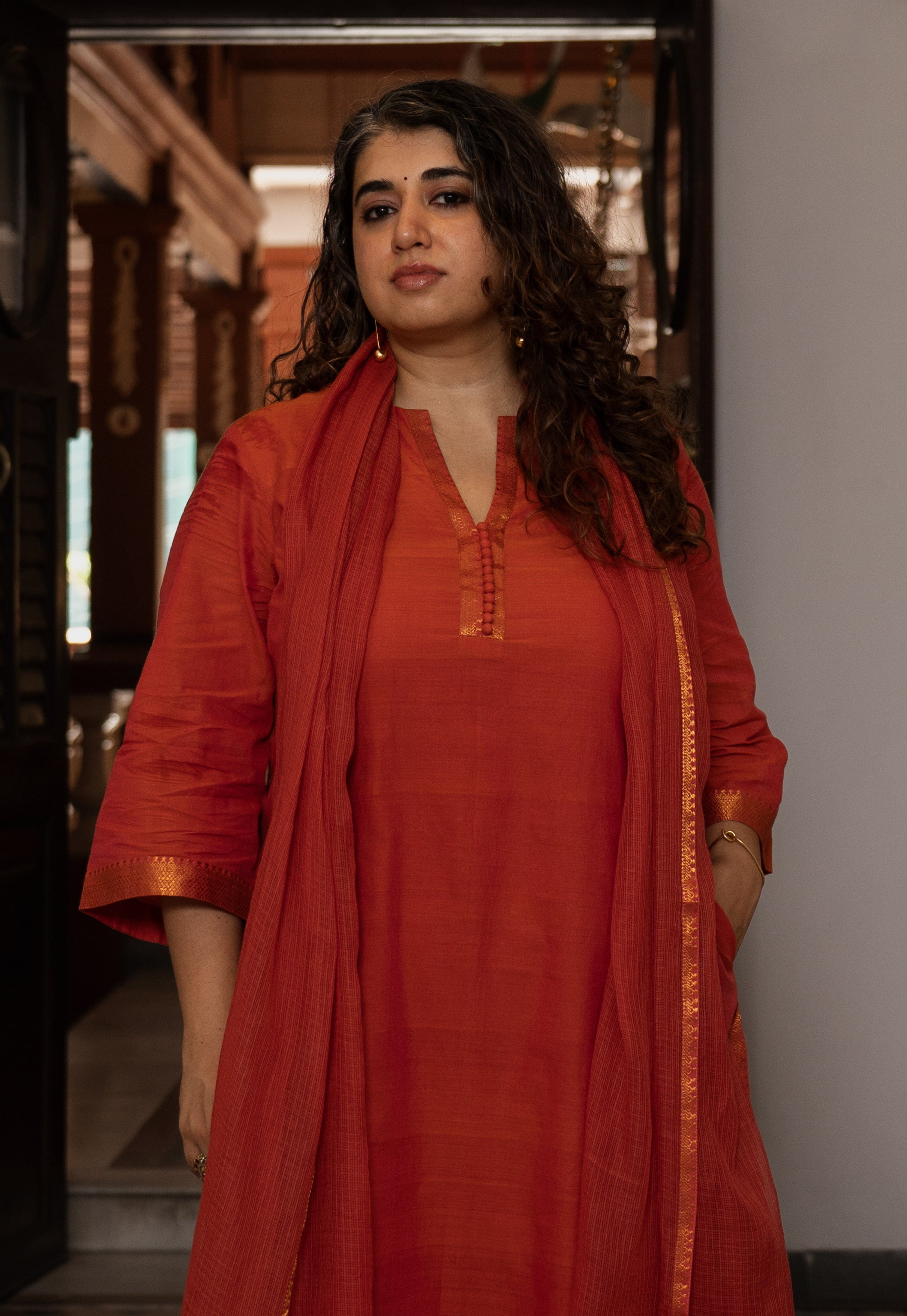 Orange Solid Kota Doria Cotton Dupatta with Mangalgiri Border