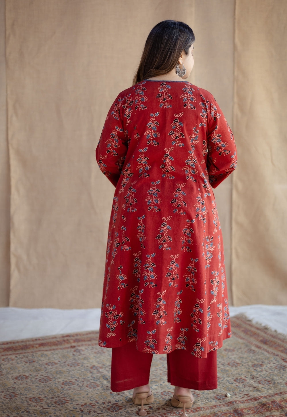 Malika Red Ajrakh Cotton Kali Kurta with Hand Embroidery