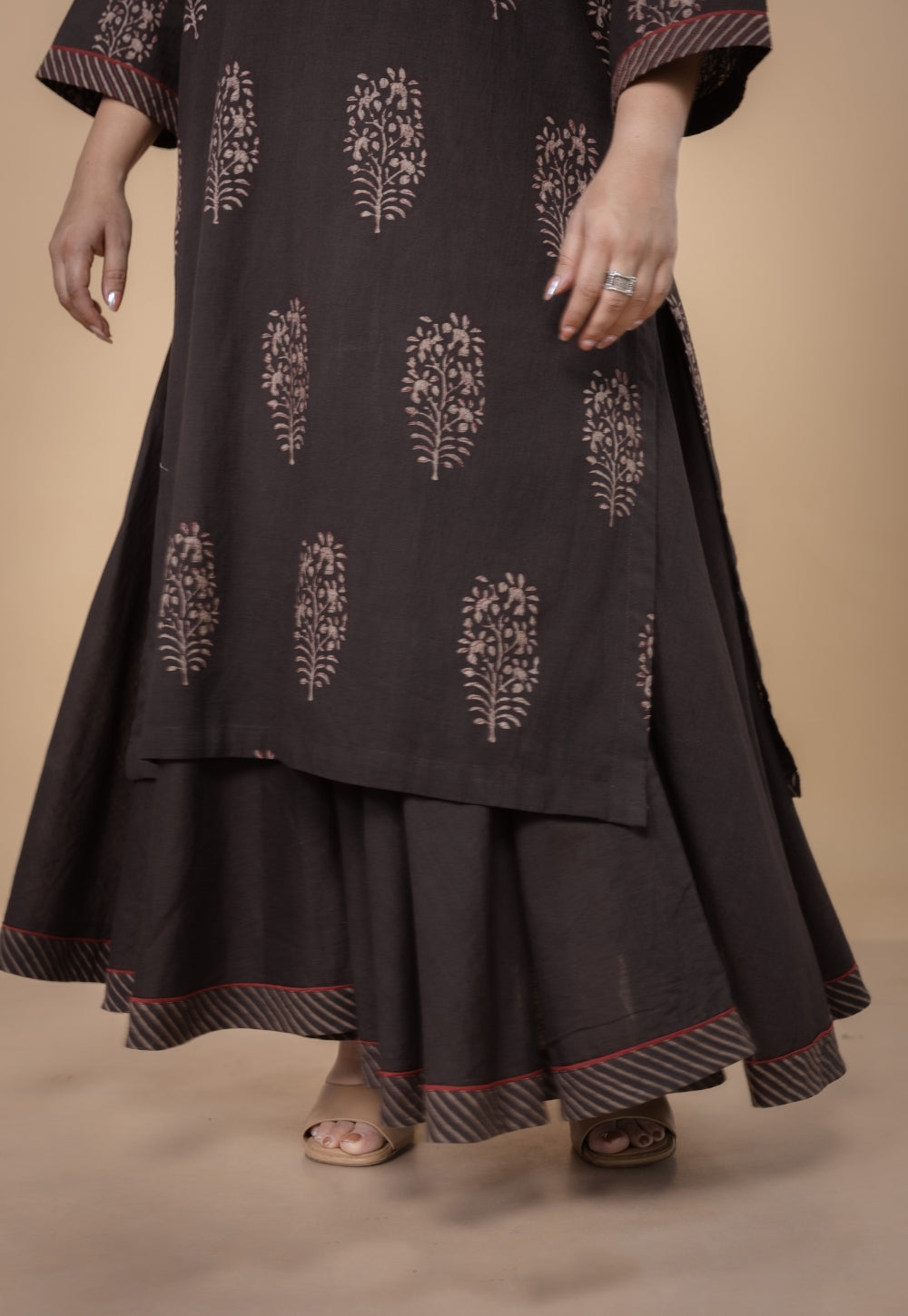 Zeenat Brown Dabu Slub Cotton Straight Kurta Set (Set of 2)