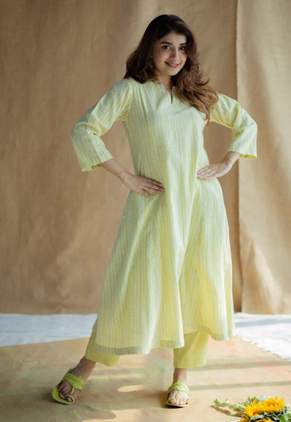 Malika Lime Green Hand Block Print Slub Cotton Kali Kurta with Hand Embroidery