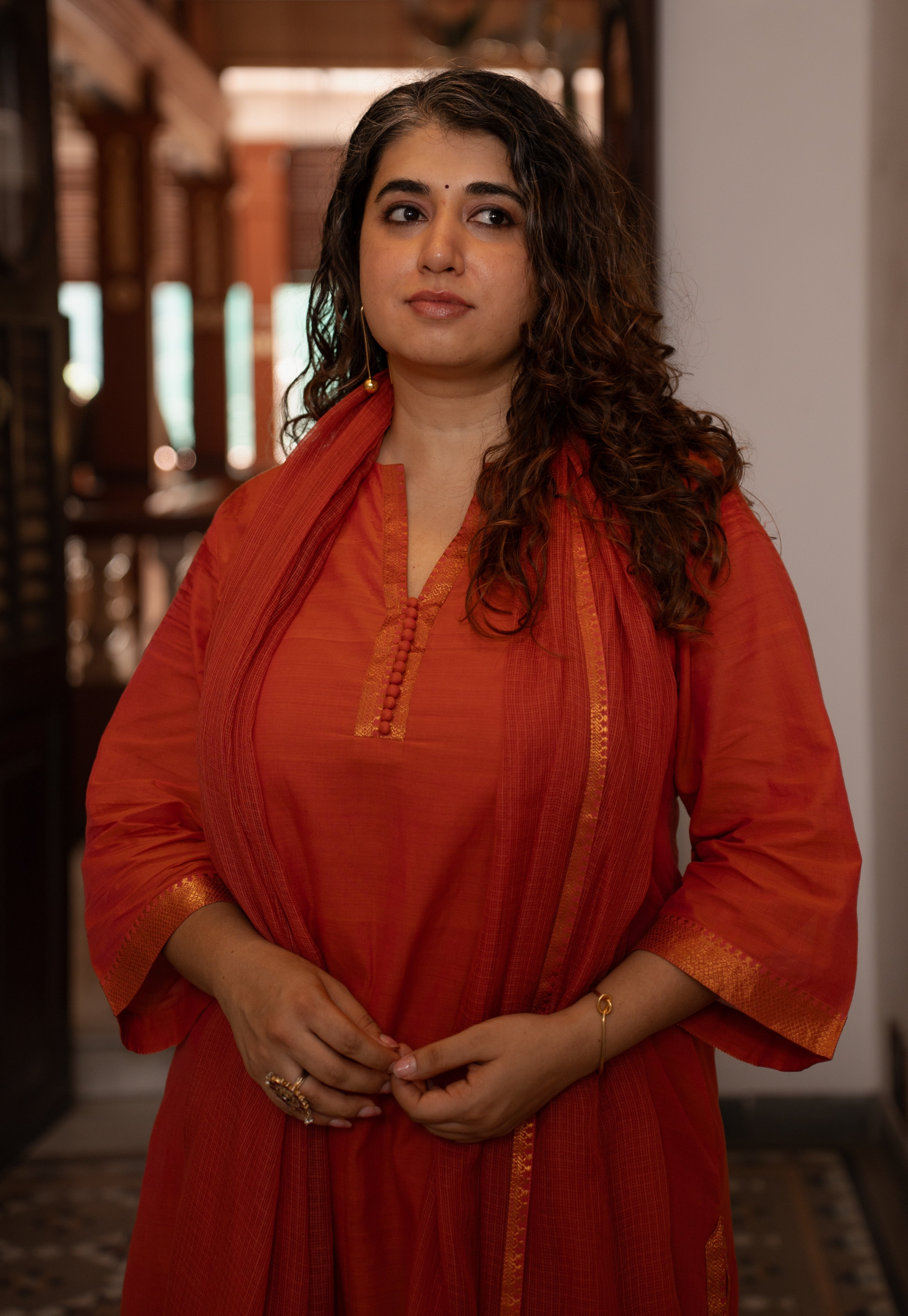 Orange Solid Kota Doria Cotton Dupatta with Mangalgiri Border