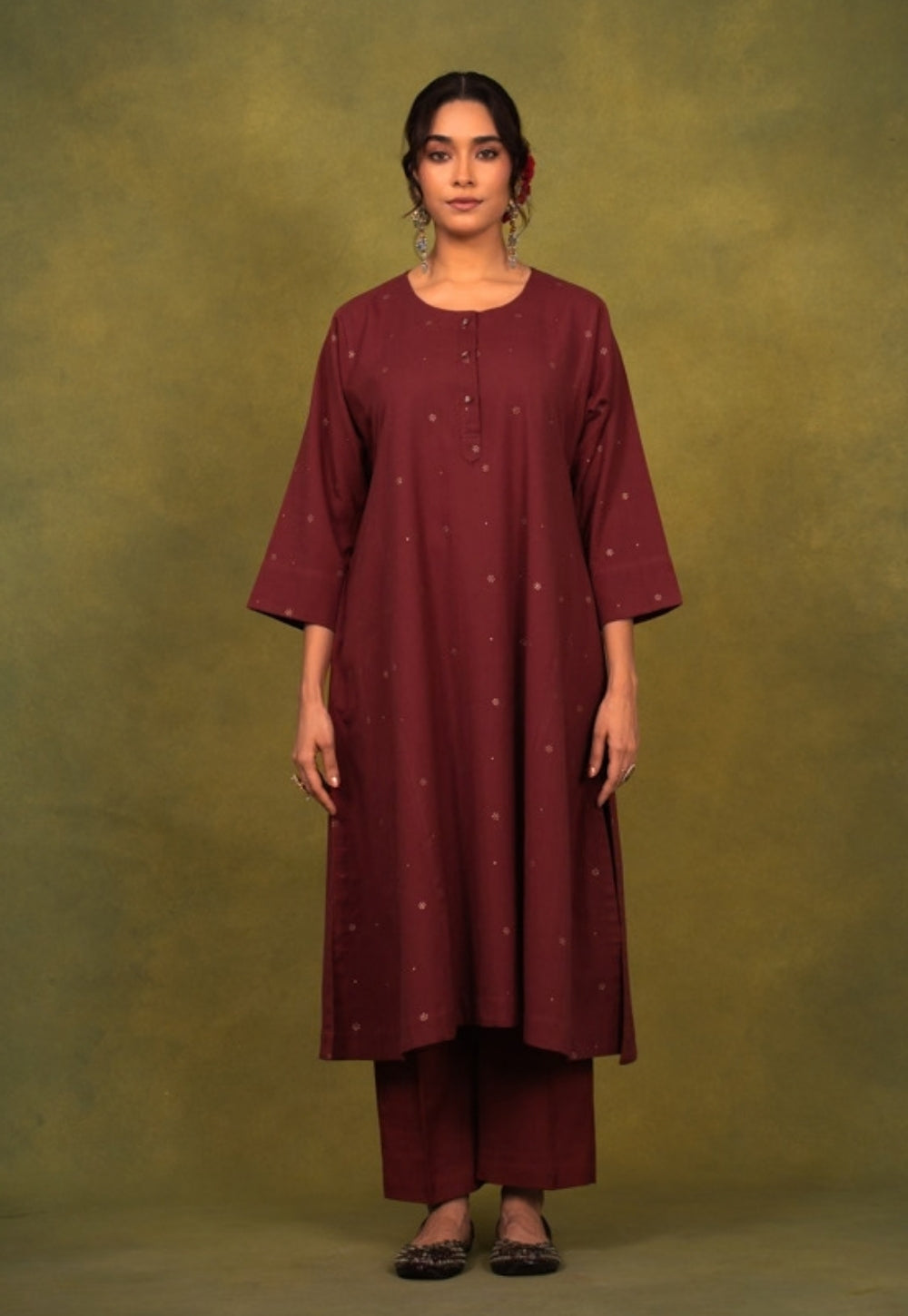 Alizah Maroon Rogan Handblock Printed Cotton Jhabbha Kali Suit Set (Set of 3)