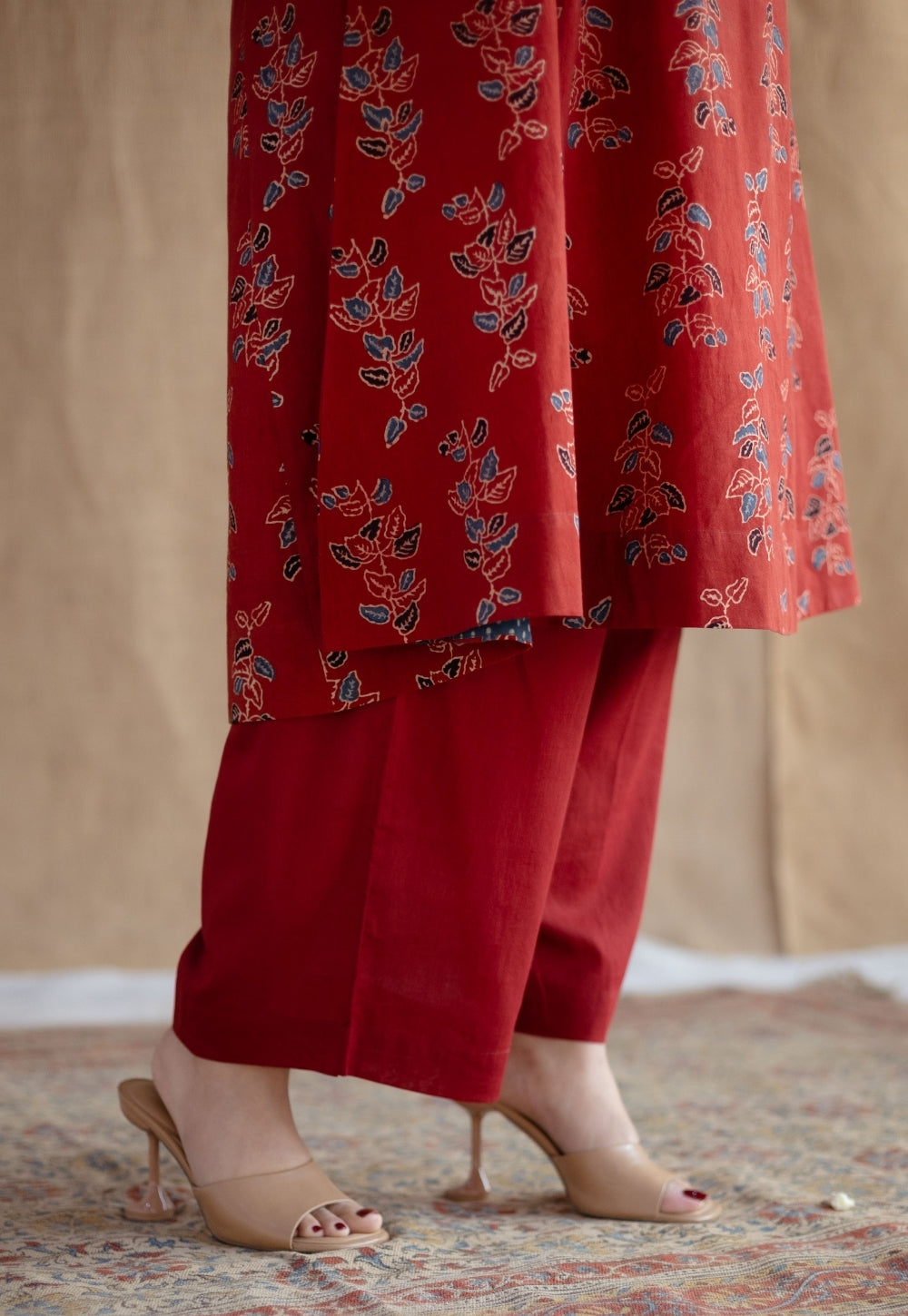 Malika Red Ajrakh Cotton Kali Kurta with Hand Embroidery